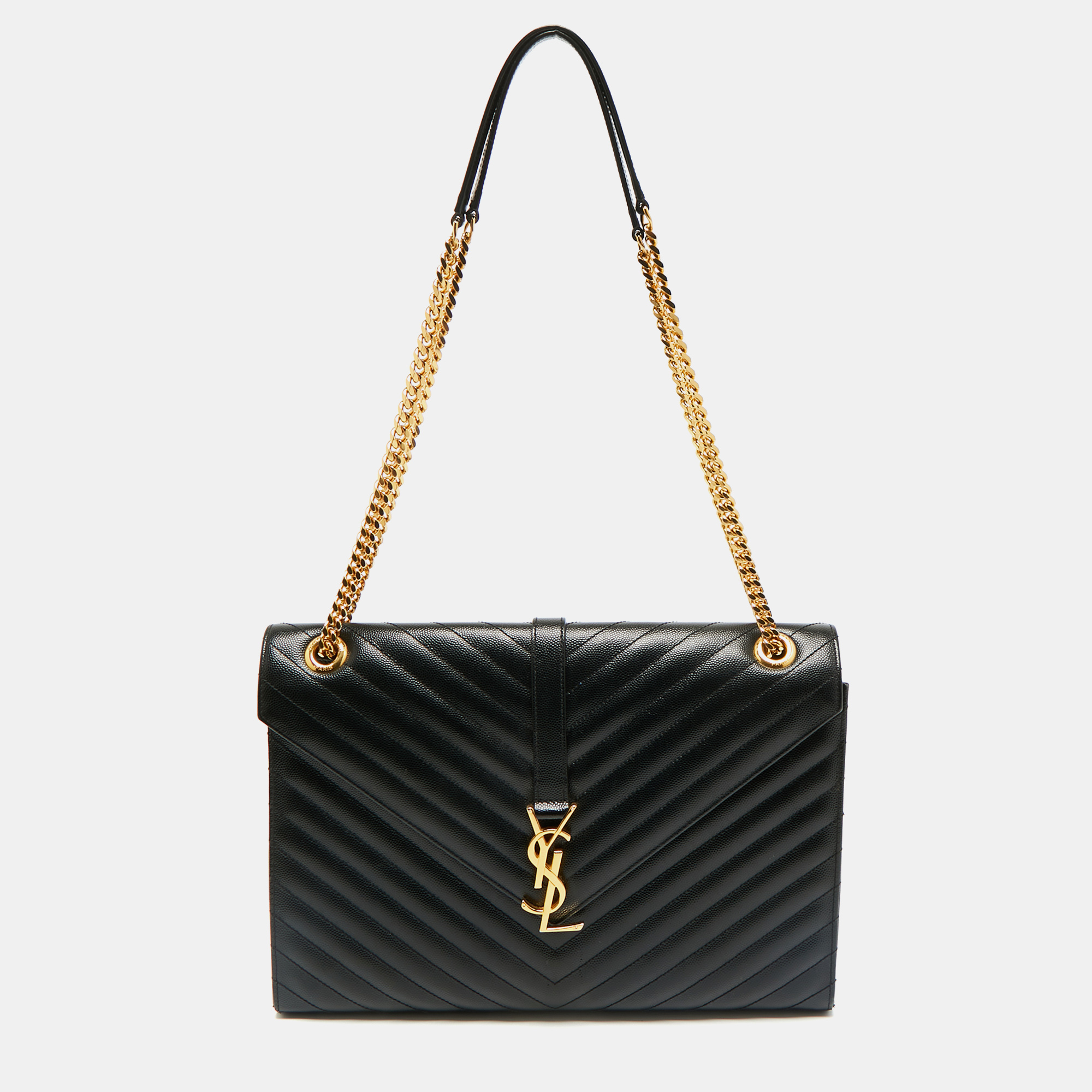 

Saint Laurent Black Chevron Leather  Monogram Envelope Shoulder Bag