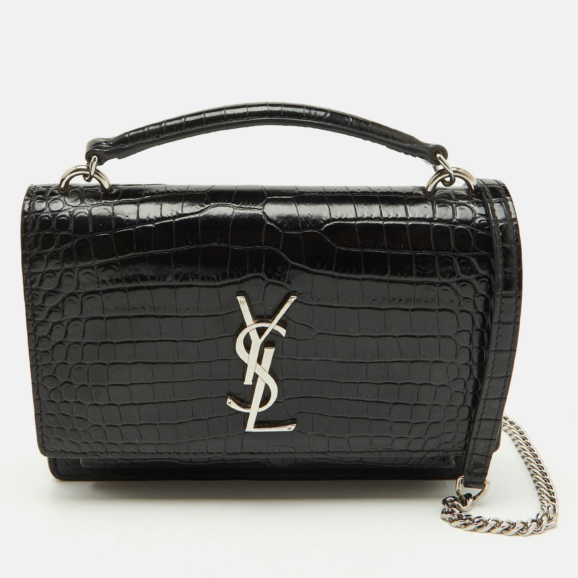 

Saint Laurent Black Croc Embossed Leather Sunset Wallet On Chain