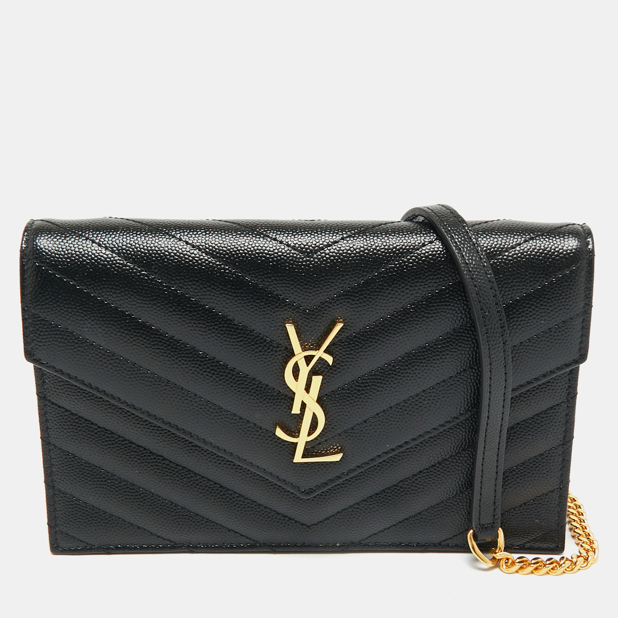

Saint Laurent Black Matelassé Leather Cassandre Envelope Wallet on Chain