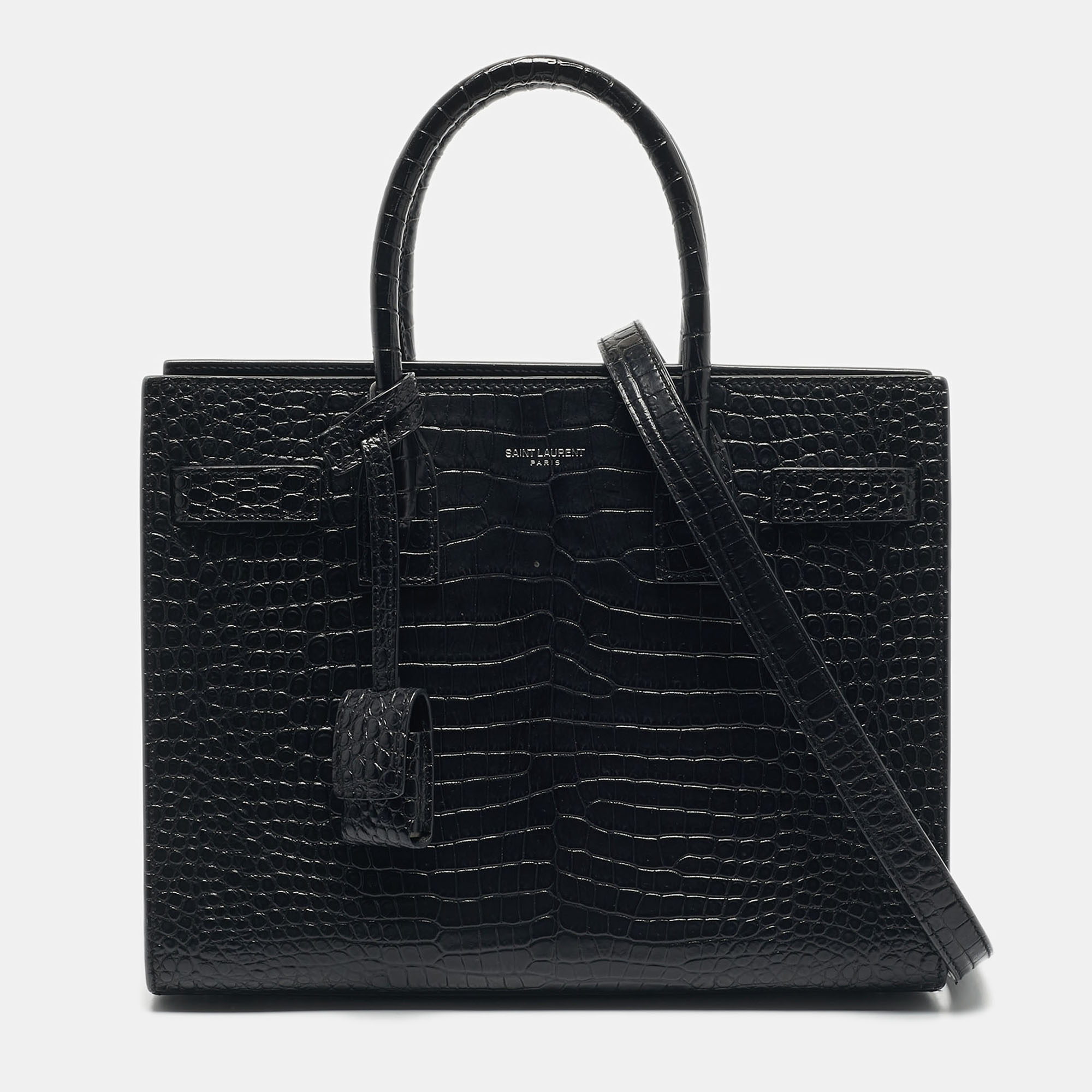 

Saint Laurent Black Croc Embossed Leather Baby Classic Sac De Jour Tote