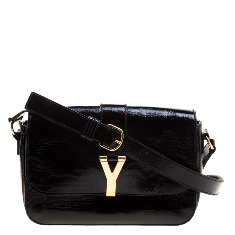 مملوكة مسبقًا حقيبة كتف سان لوران شيك كبيرة جلد لامعة منقوشة سوداء