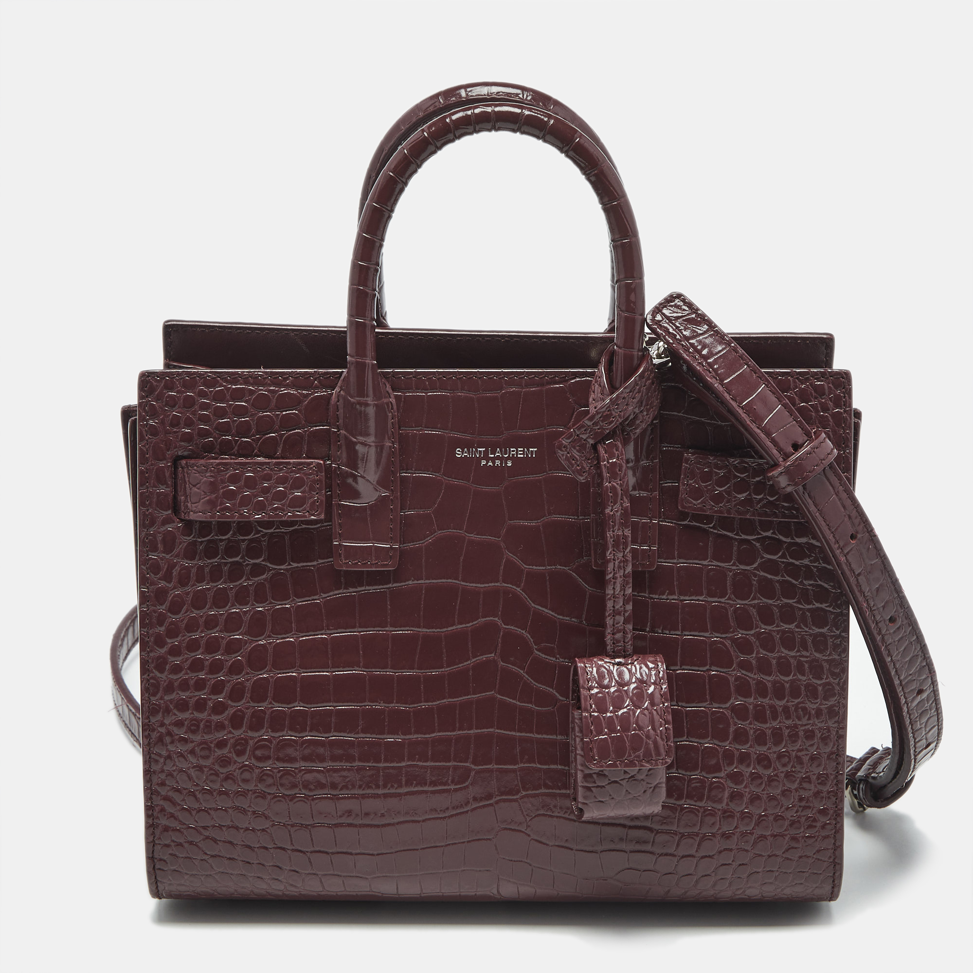 

Saint Laurent Burgundy Croc Embossed Leather Nano Classic Sac De Jour Tote