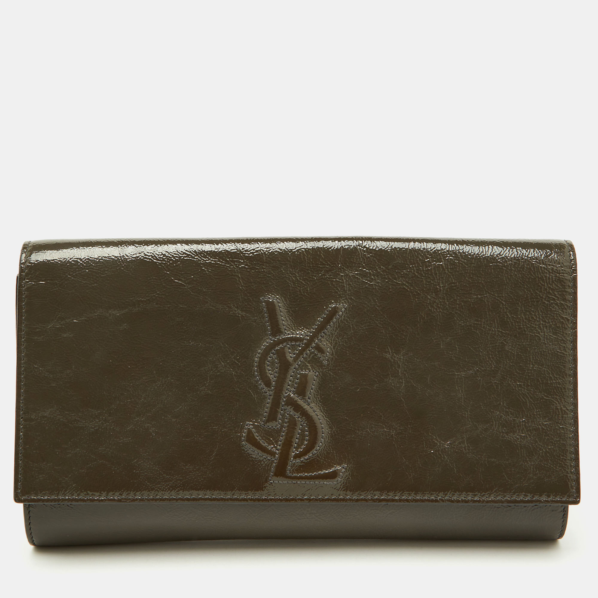 Pre-owned Saint Laurent Yves  Grey Patent Leather Belle De Jour Flap Clutch In Gray