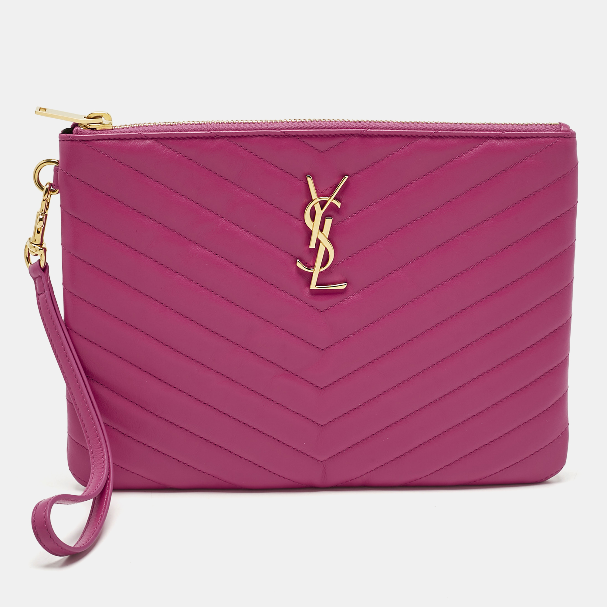 

Saint Laurent Fuchsia Matelassé Leather A5 Wristlet Pouch, Pink