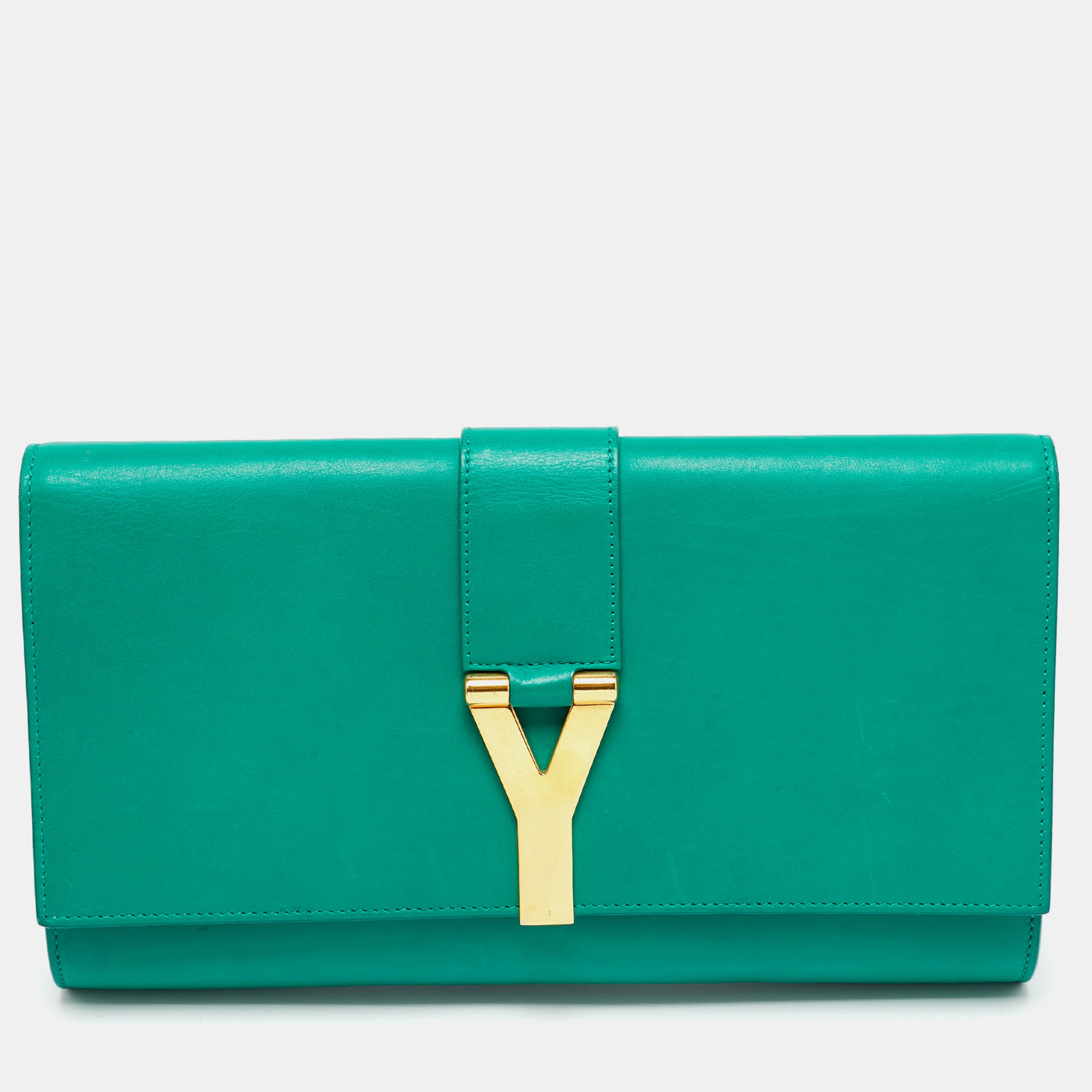 Pre-owned Saint Laurent Green Leather Y-ligne Clutch