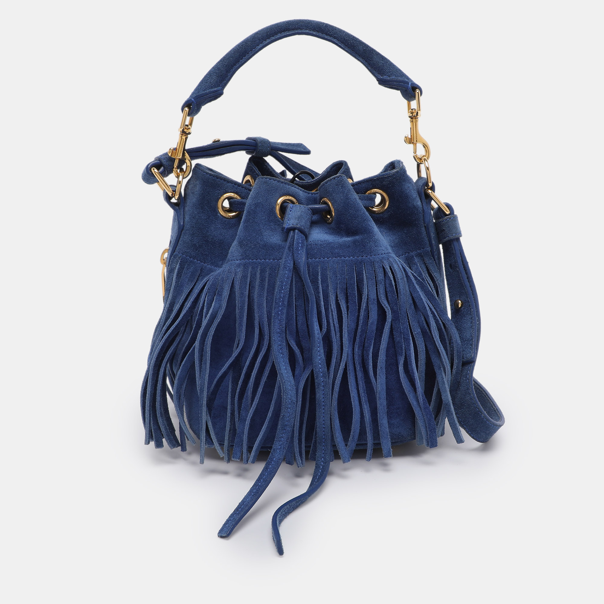 

Saint Laurent Navy Blue Suede Emmanuelle Fringe Bucket Bag