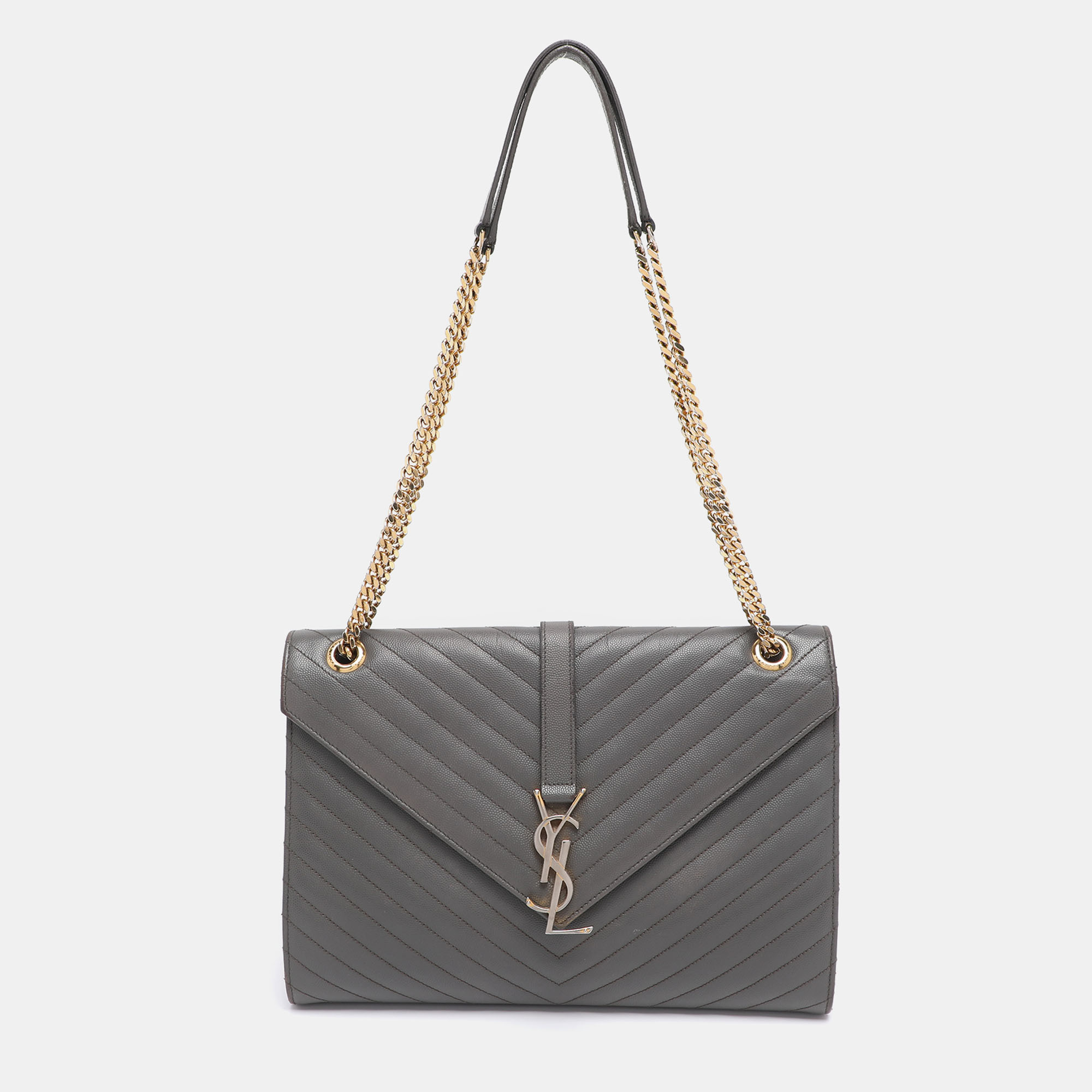 Pre-owned Saint Laurent Grey Matelasse Leather Large Monogram Envelope Shoulder Bag In Gray