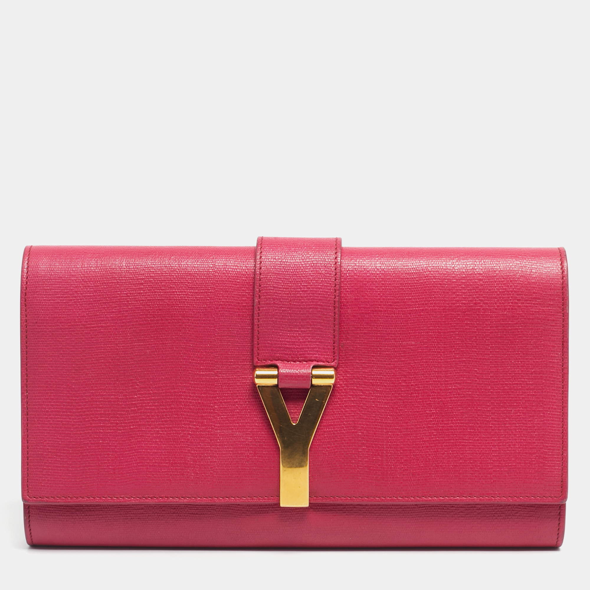 Pre-owned Saint Laurent Fuchsia Textured Leather Ligne Y Clutch In Pink