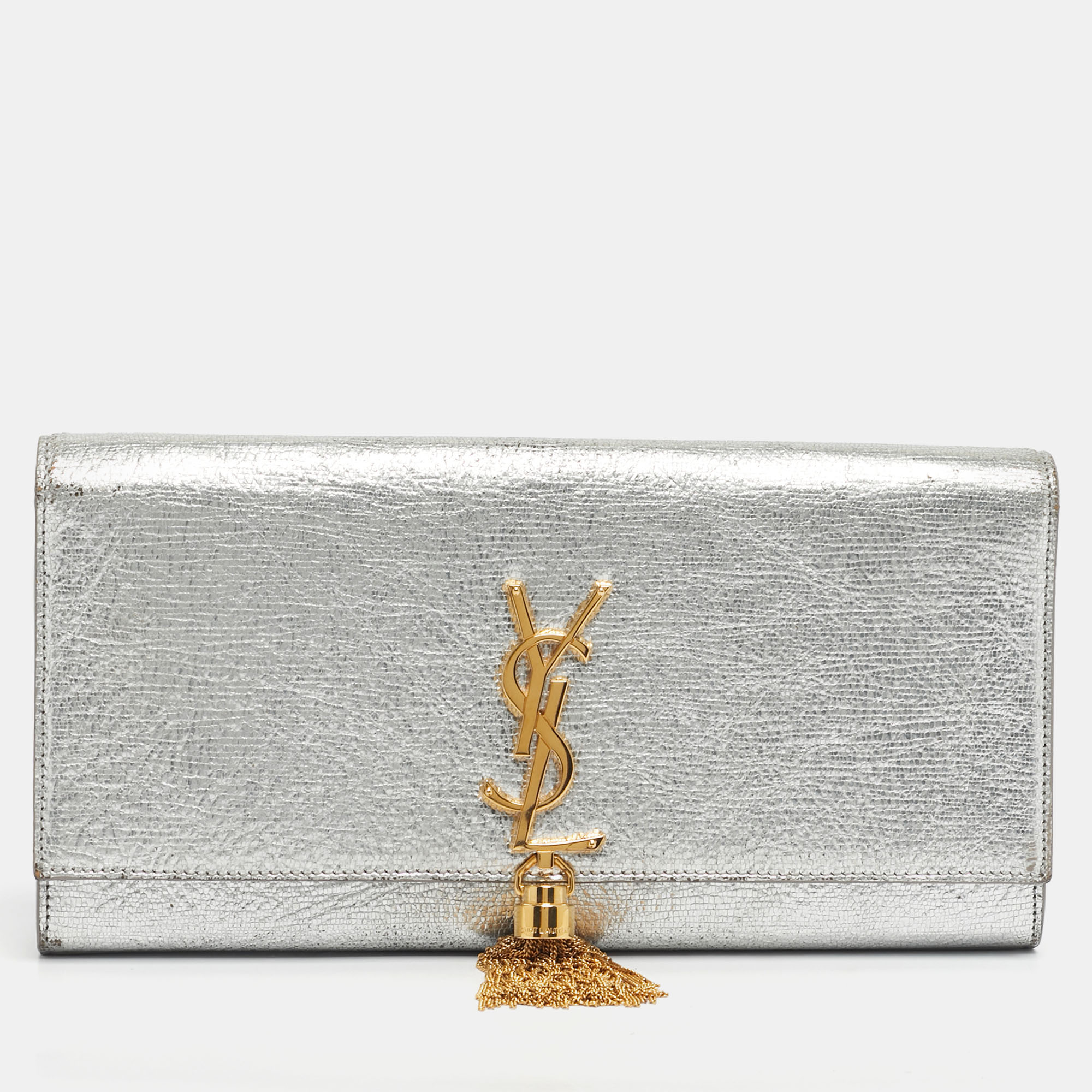 Pre-owned Saint Laurent Silver Leather Kate Tassel Flap Clutch