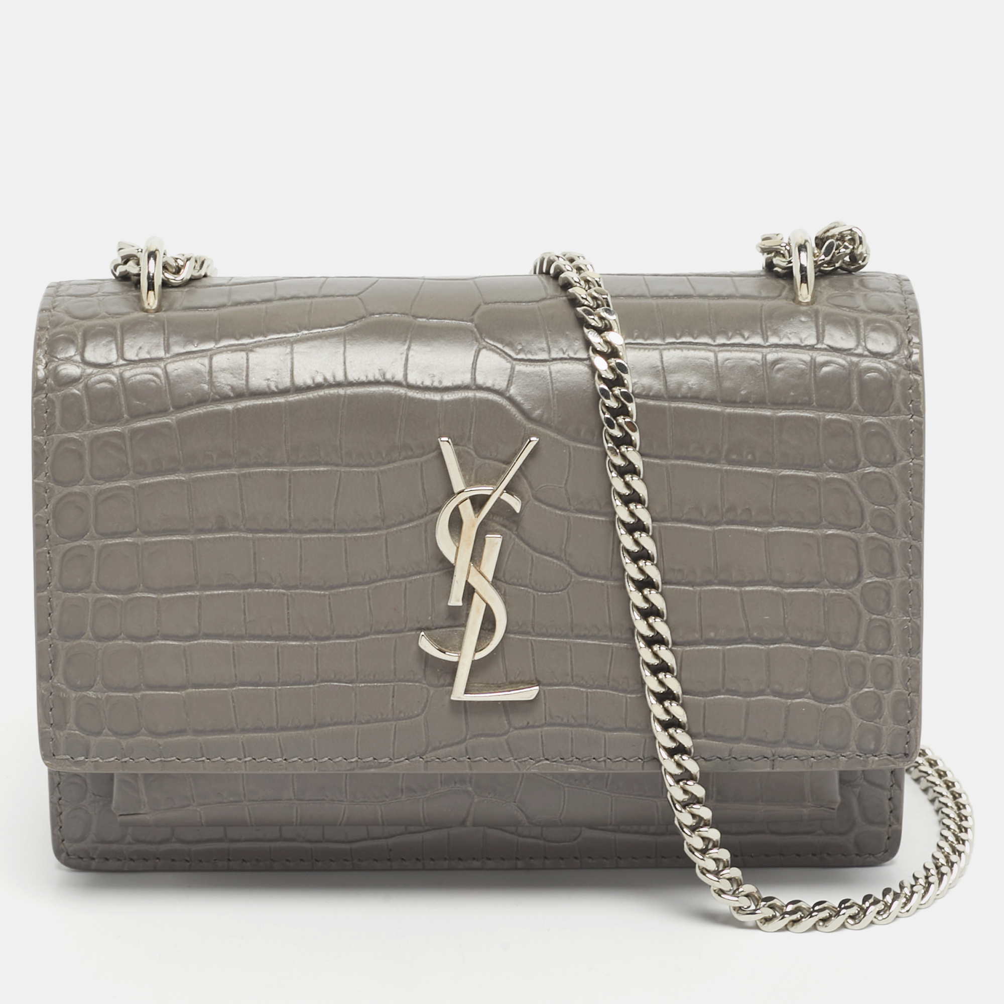 

Saint Laurent Grey Croc Embossed Leather Mini Sunset Chain Bag