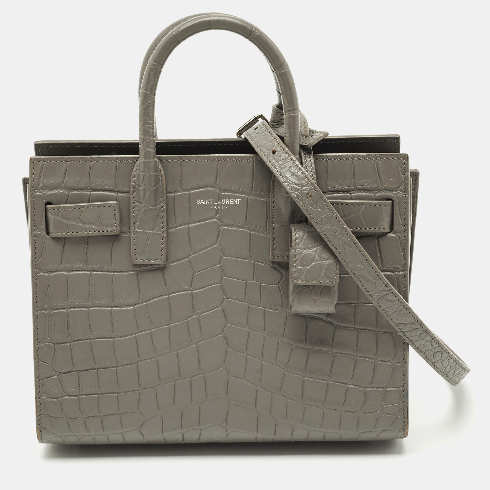 Pre-owned Saint Laurent Grey Croc Embossed Leather Nano Classic Sac De Jour Tote In Gray