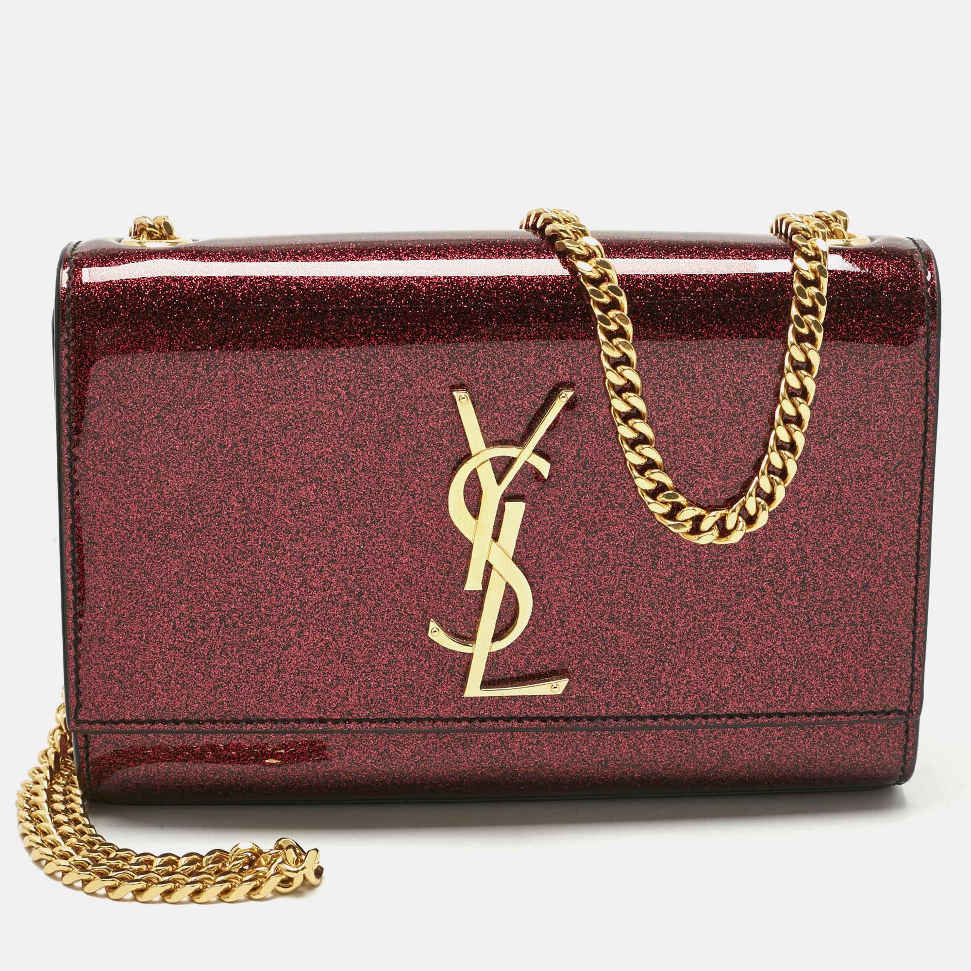

Saint Laurent Red Glitter Patent Leather New  Kate Chain Shoulder Bag