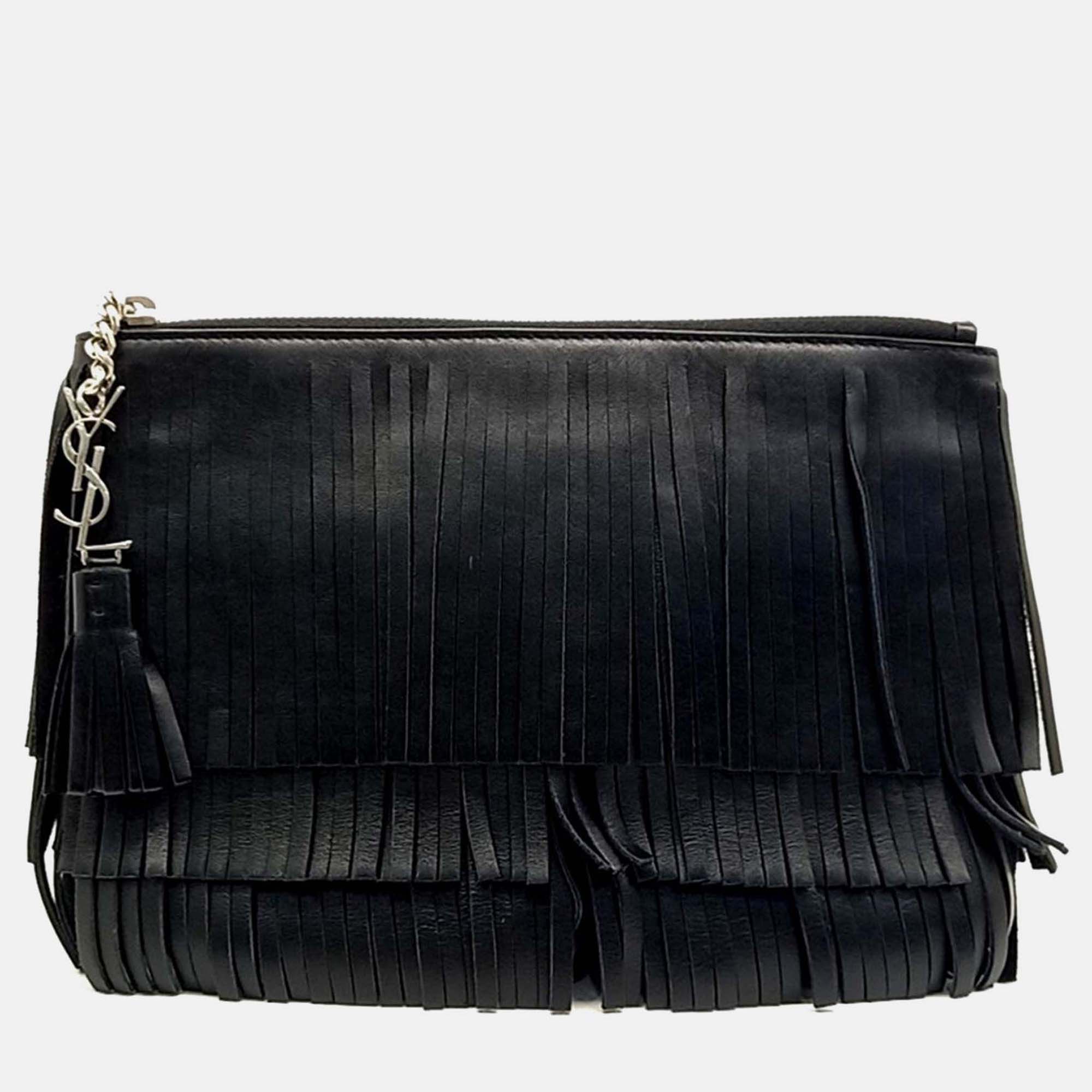

Saint Laurent Paris Black Leather Fringe Clutch