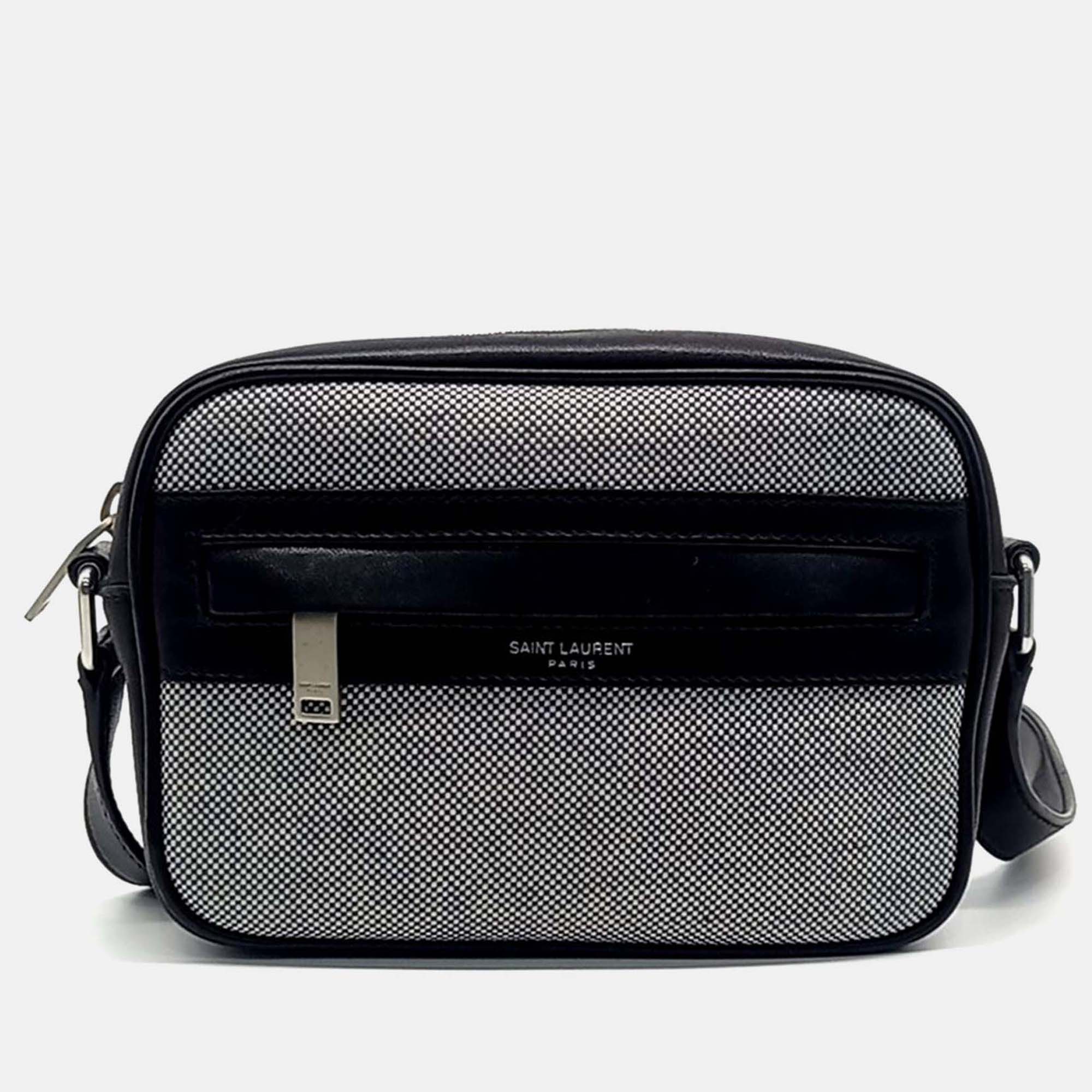 

Saint Laurent Paris Black White Fabric and Leather Camp Camera Bag