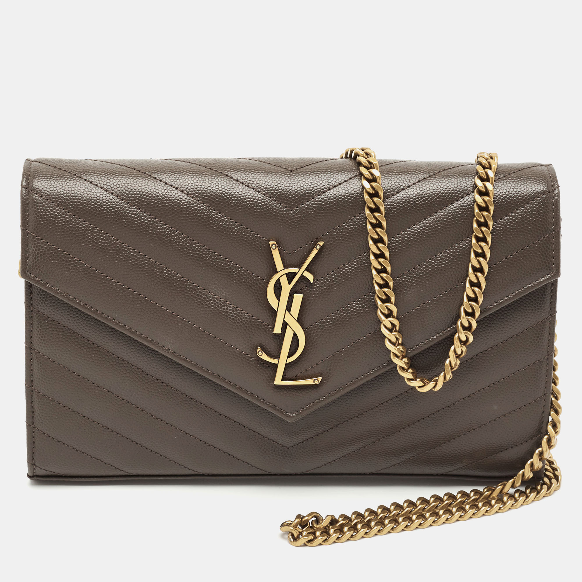 

Saint Laurent Olive Green Matelassé Leather Cassandre Wallet on Chain