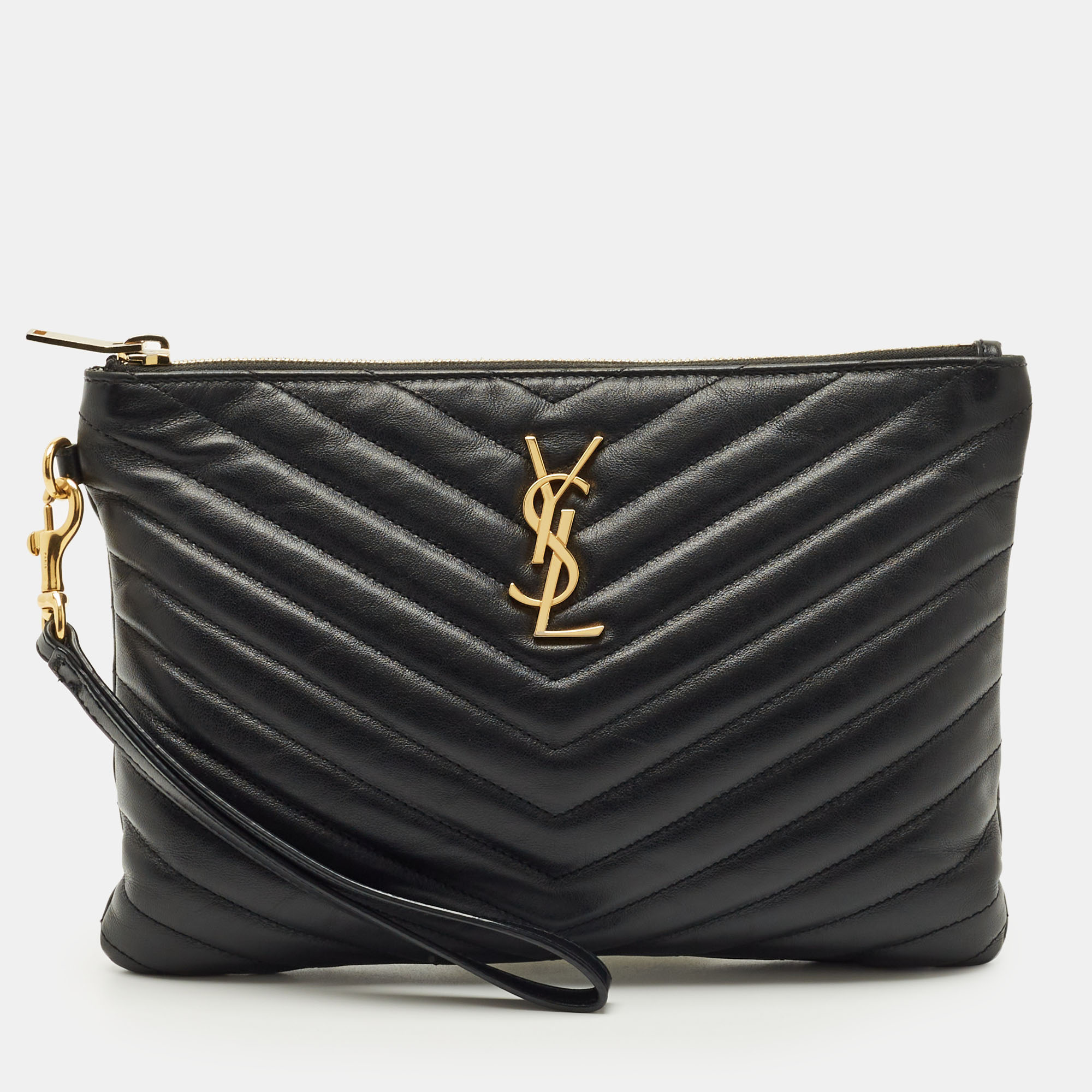 

Saint Laurent Black Matelassé Leather New Jolie Wristlet Pouch