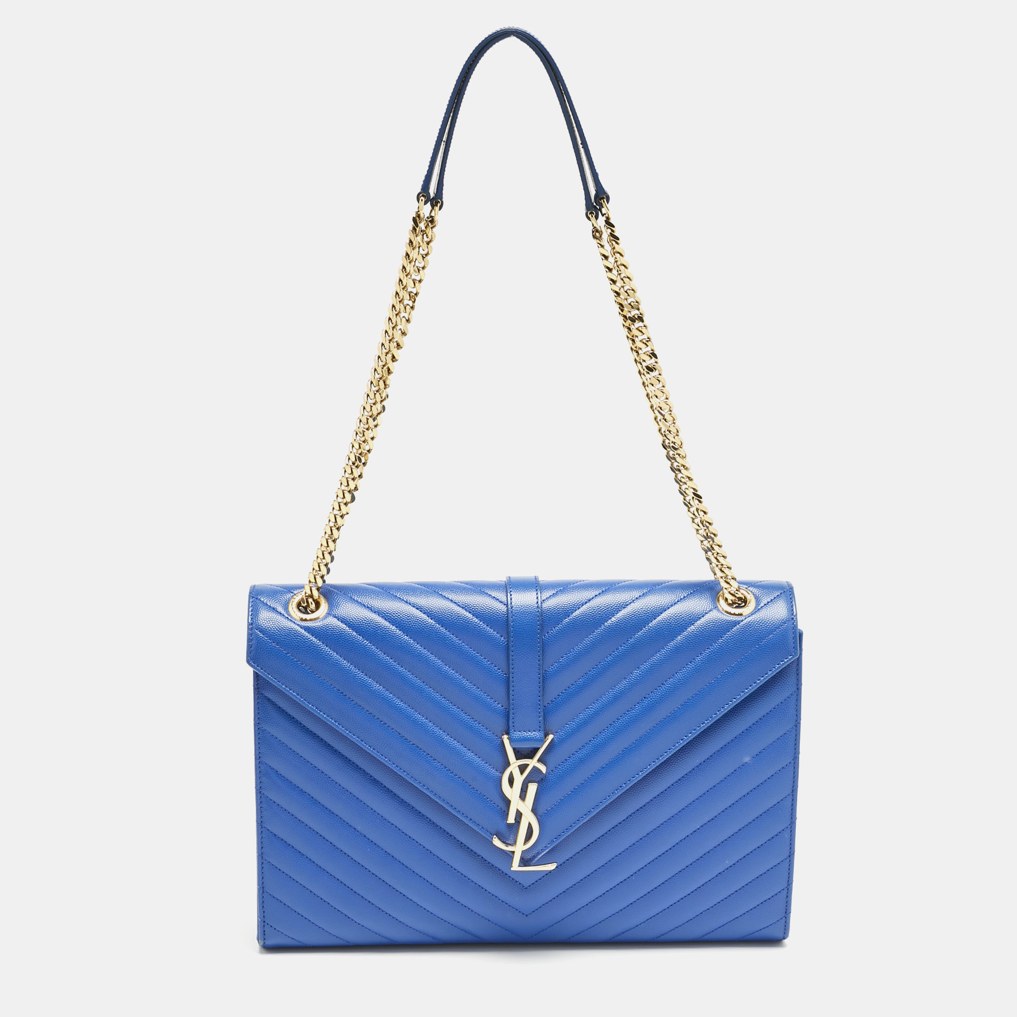 

Saint Laurent Blue Chevron Leather  Monogram Envelope Shoulder Bag