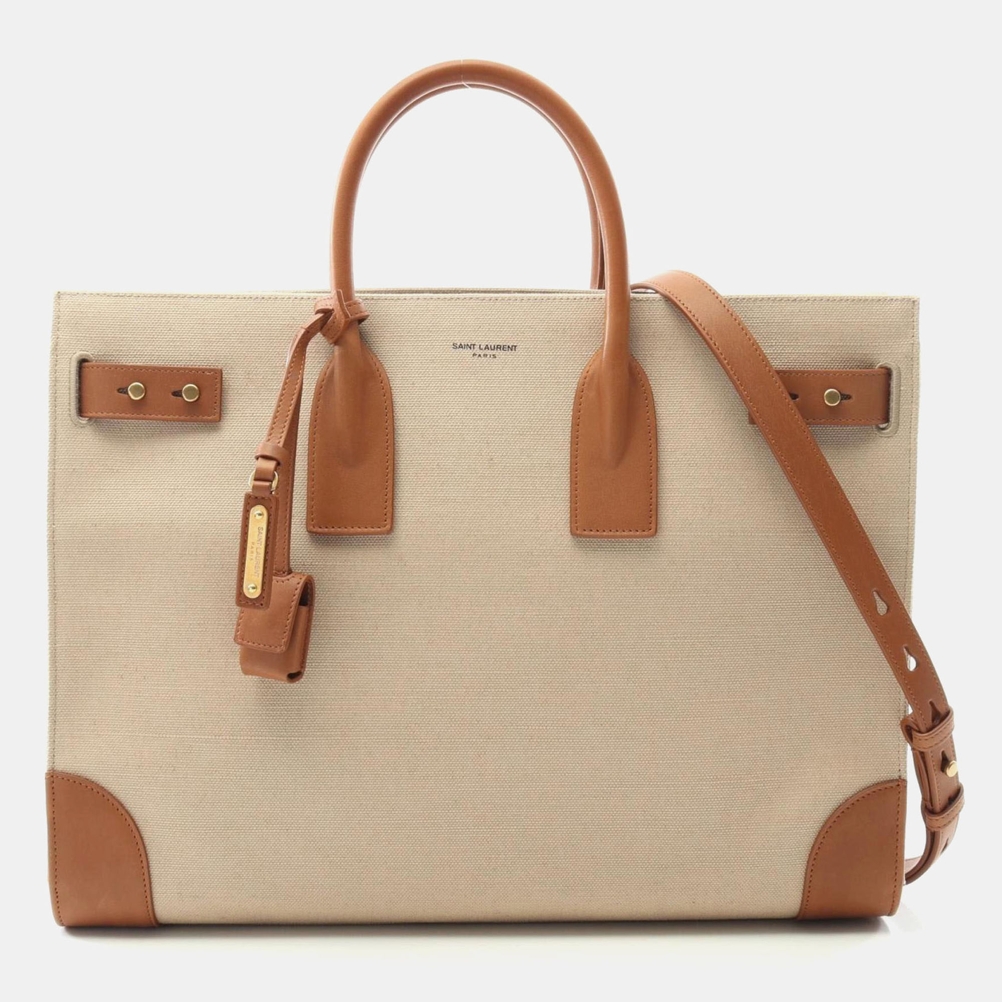 Pre-owned Saint Laurent Sac Du Jour Thin Large Tote Bag Canvas Leather Beige Brown In Sand
