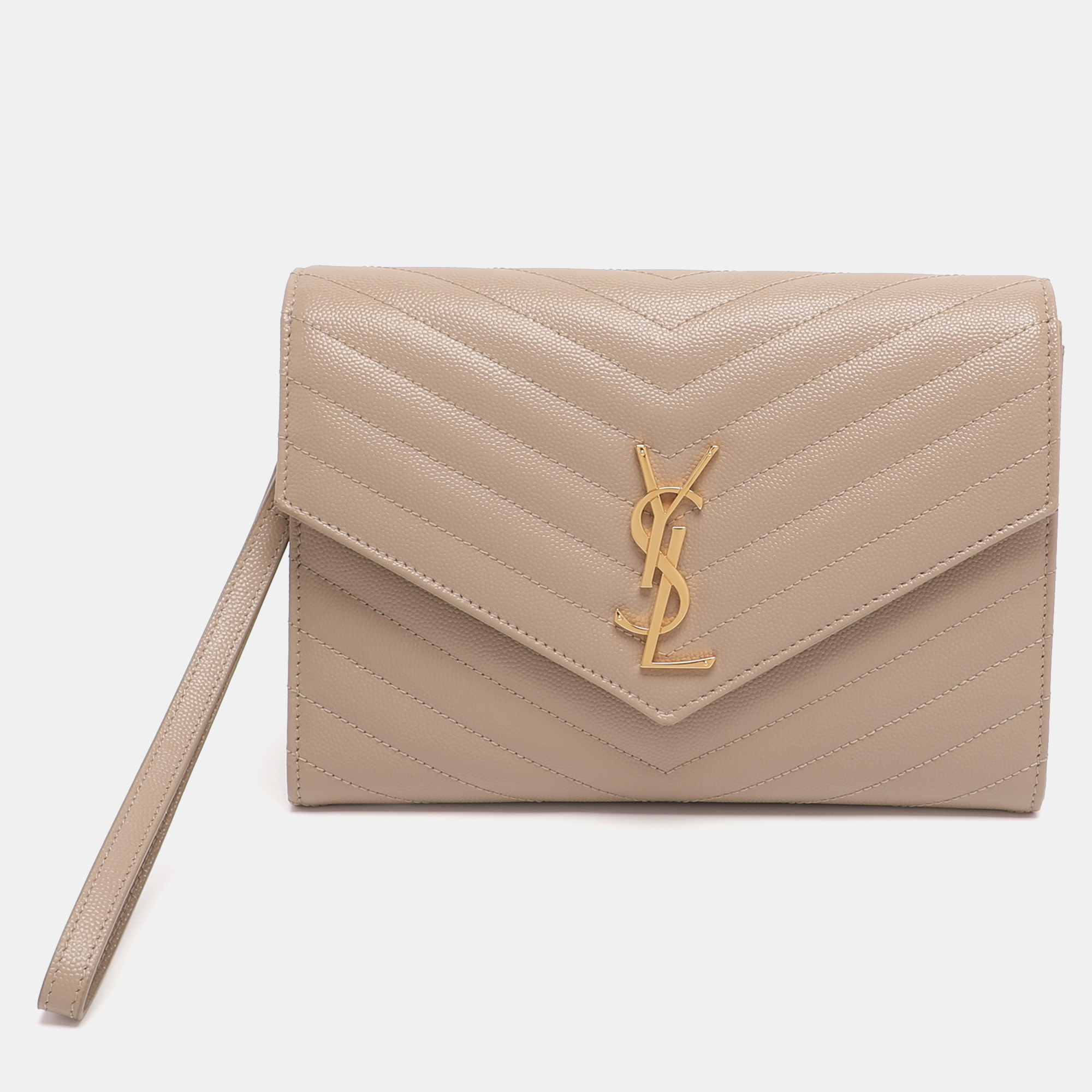 

Saint Laurent Beige Chevron Leather Monogram Envelope Wristlet Clutch