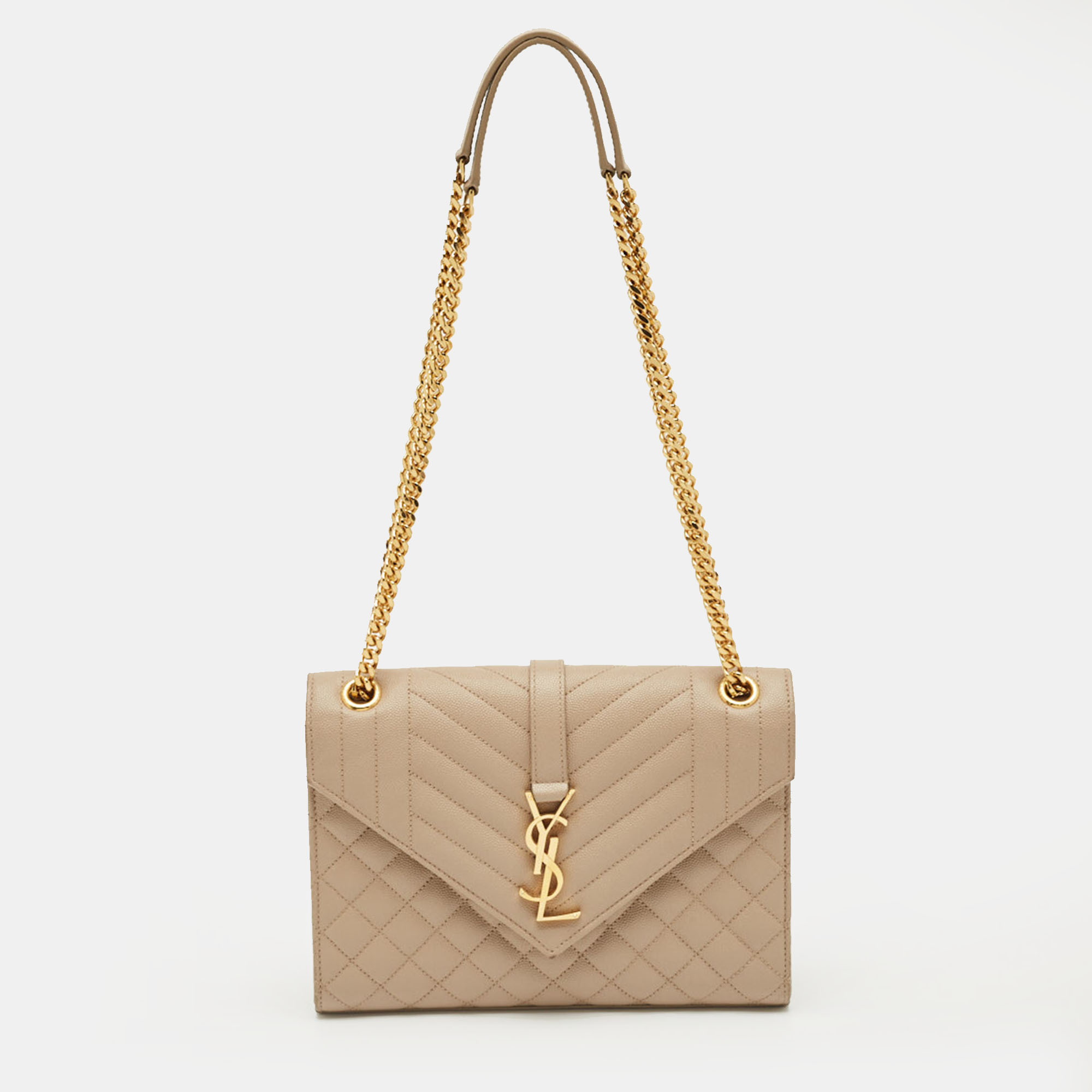 Pre-owned Saint Laurent Beige Mix Matelassé Leather Medium Envelope Chain Bag In Sand