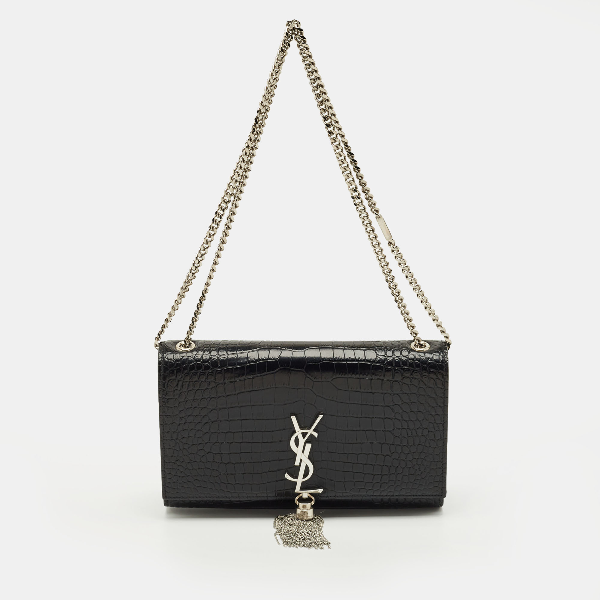 

Saint Laurent Black Croc Embossed Leather Medium Kate Tassel Shoulder Bag