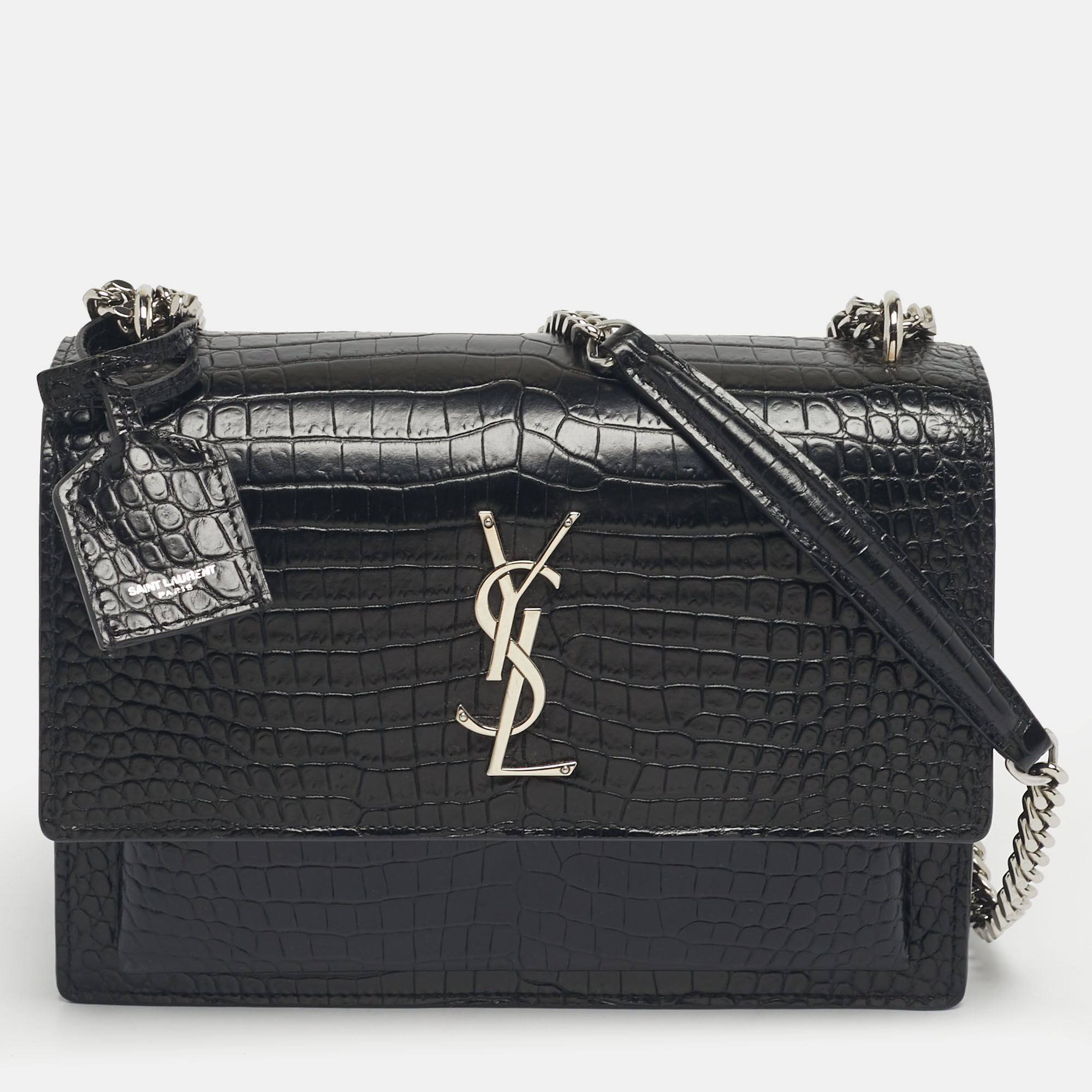 

Saint Laurent Black Croc Embossed Leather  Sunset Shoulder Bag