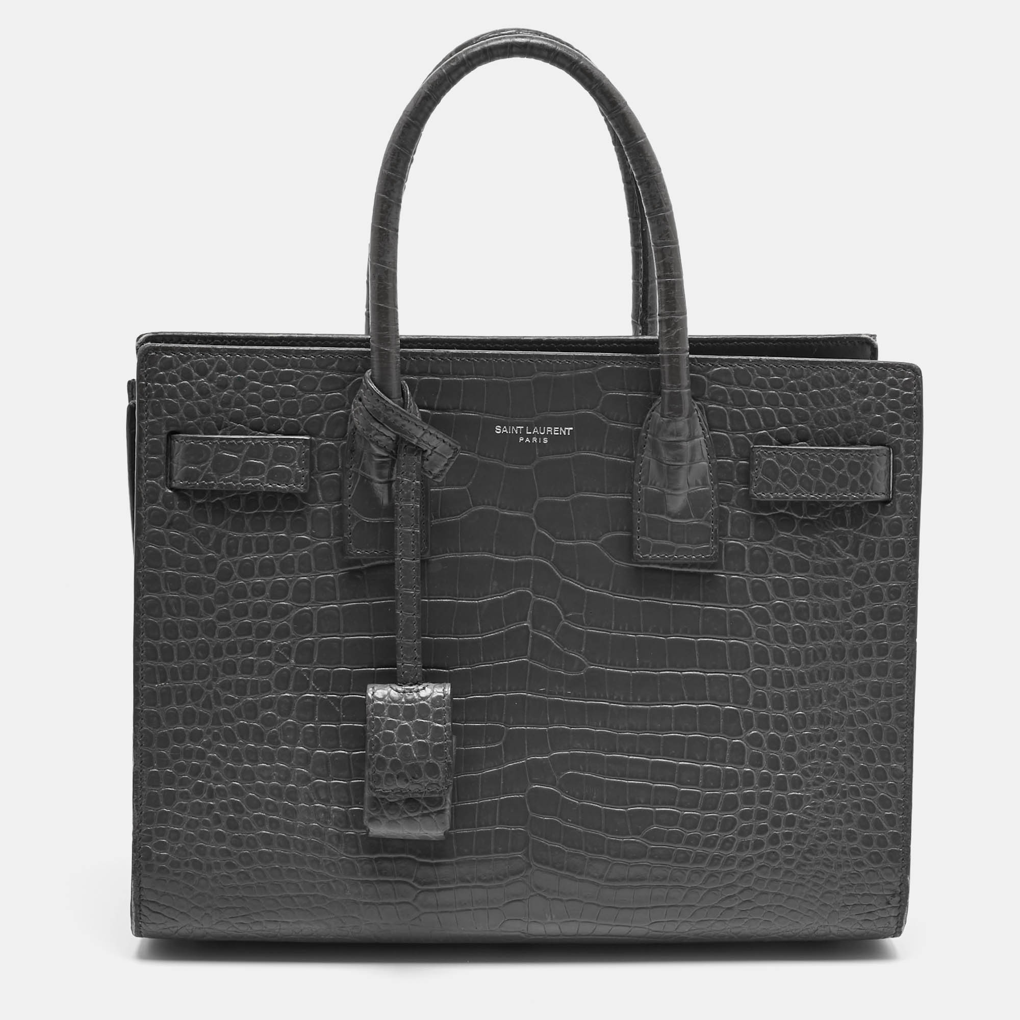 

Saint Laurent Grey Croc Embossed Leather Baby Classic Sac De Jour Tote, Black