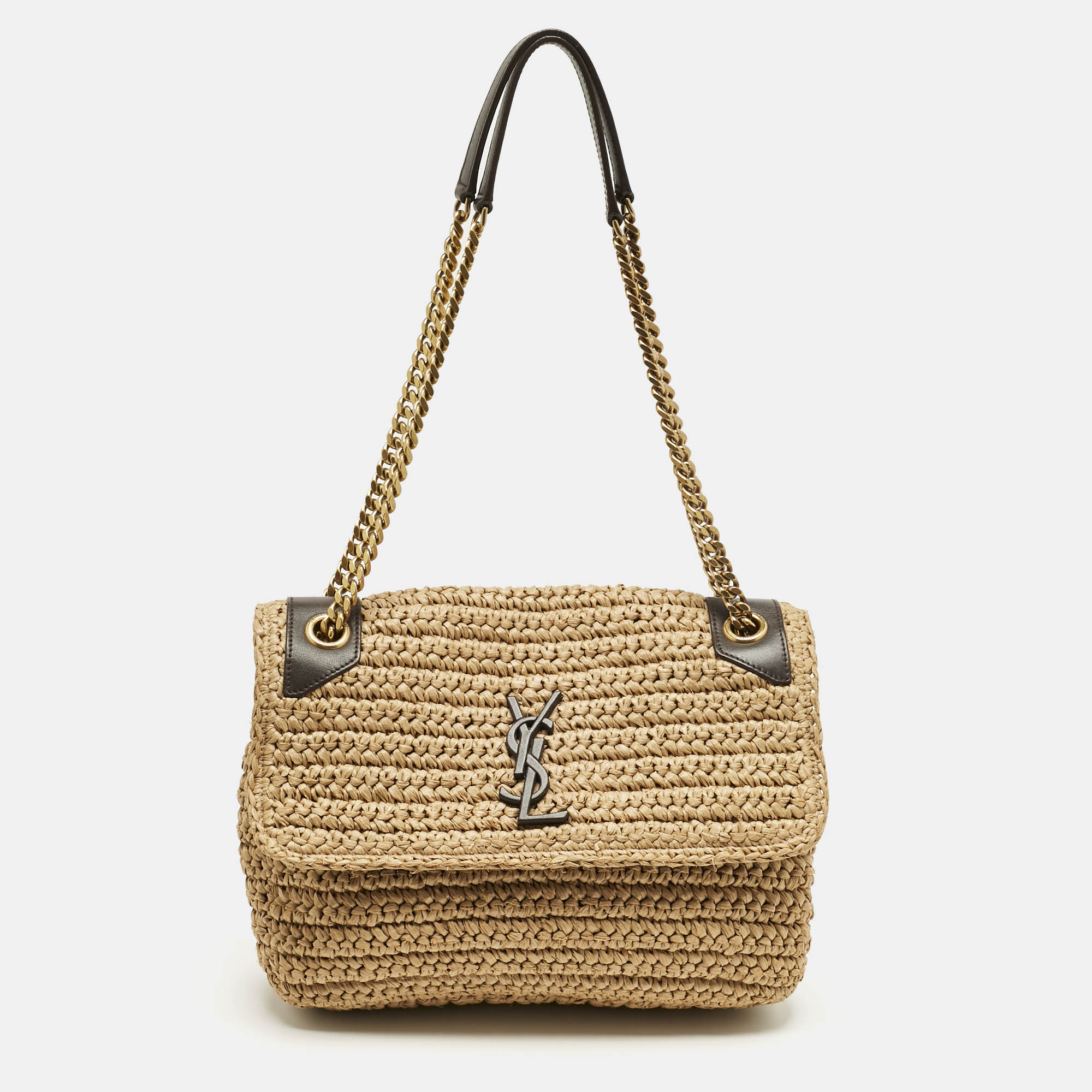 Pre-owned Saint Laurent Natural Raffia Medium Niki Shoulder Bag In Brown