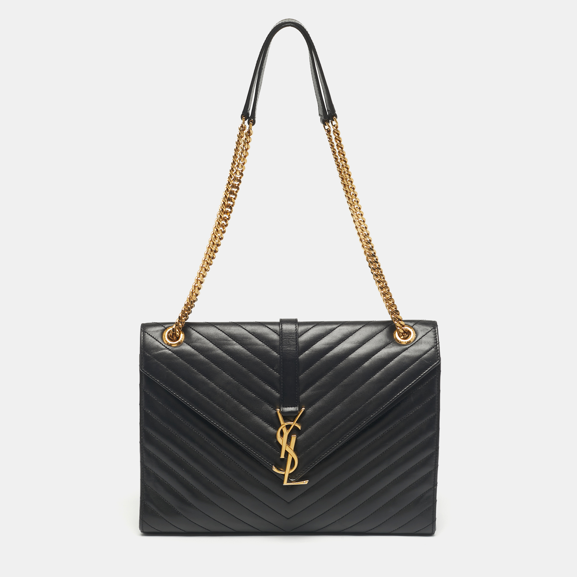 Pre-owned Saint Laurent Black Chevron Leather Large Monogram Envelope Shoulder Bag
