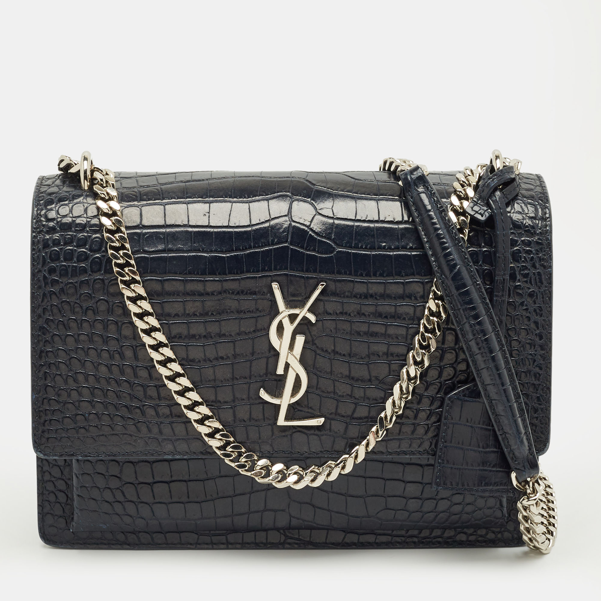 Pre-owned Saint Laurent Navy Blue Croc Embossed Leather Medium Sunset Shoulder Bag