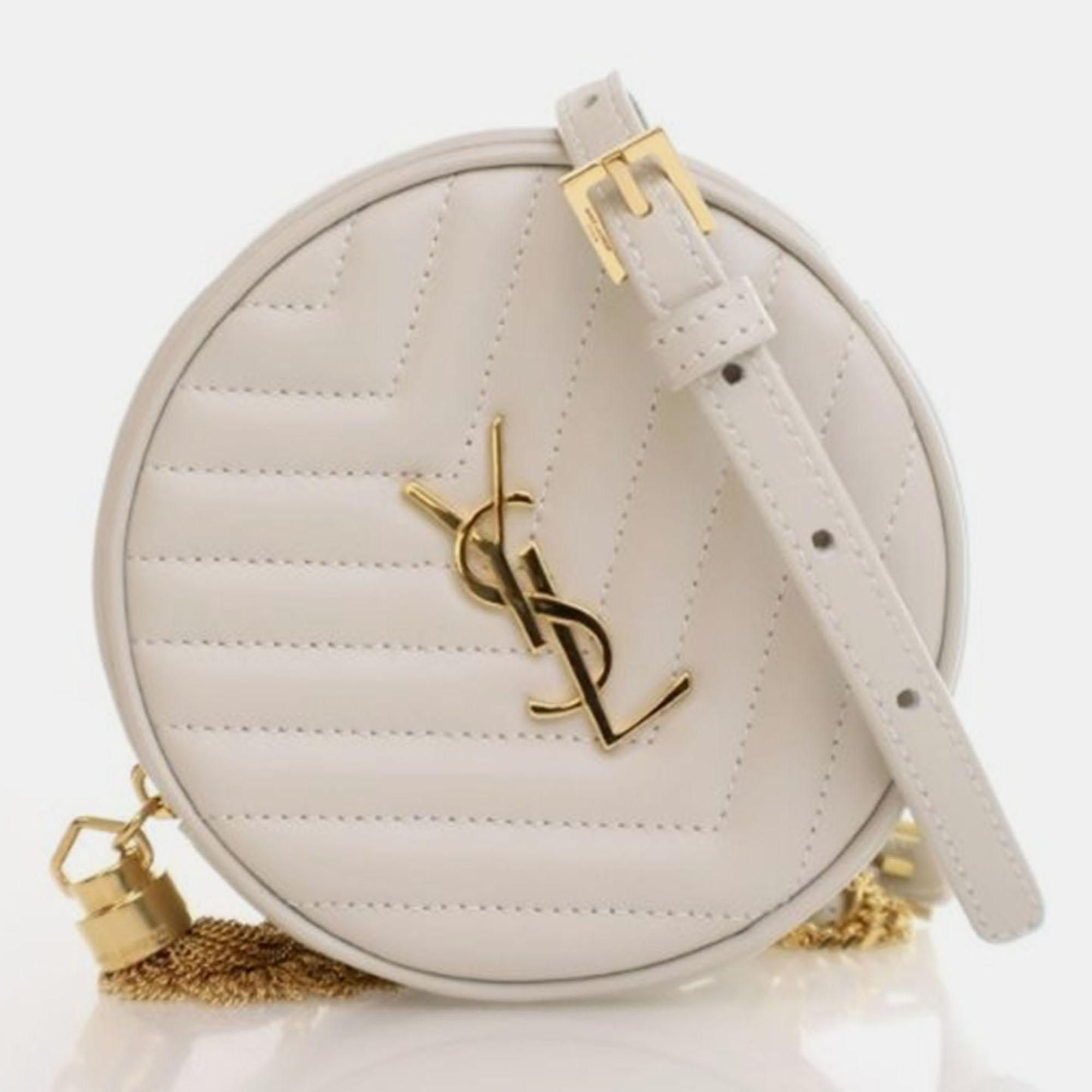 

Saint Laurent Baby Calfskin Round Vinyle Belt Bag, White