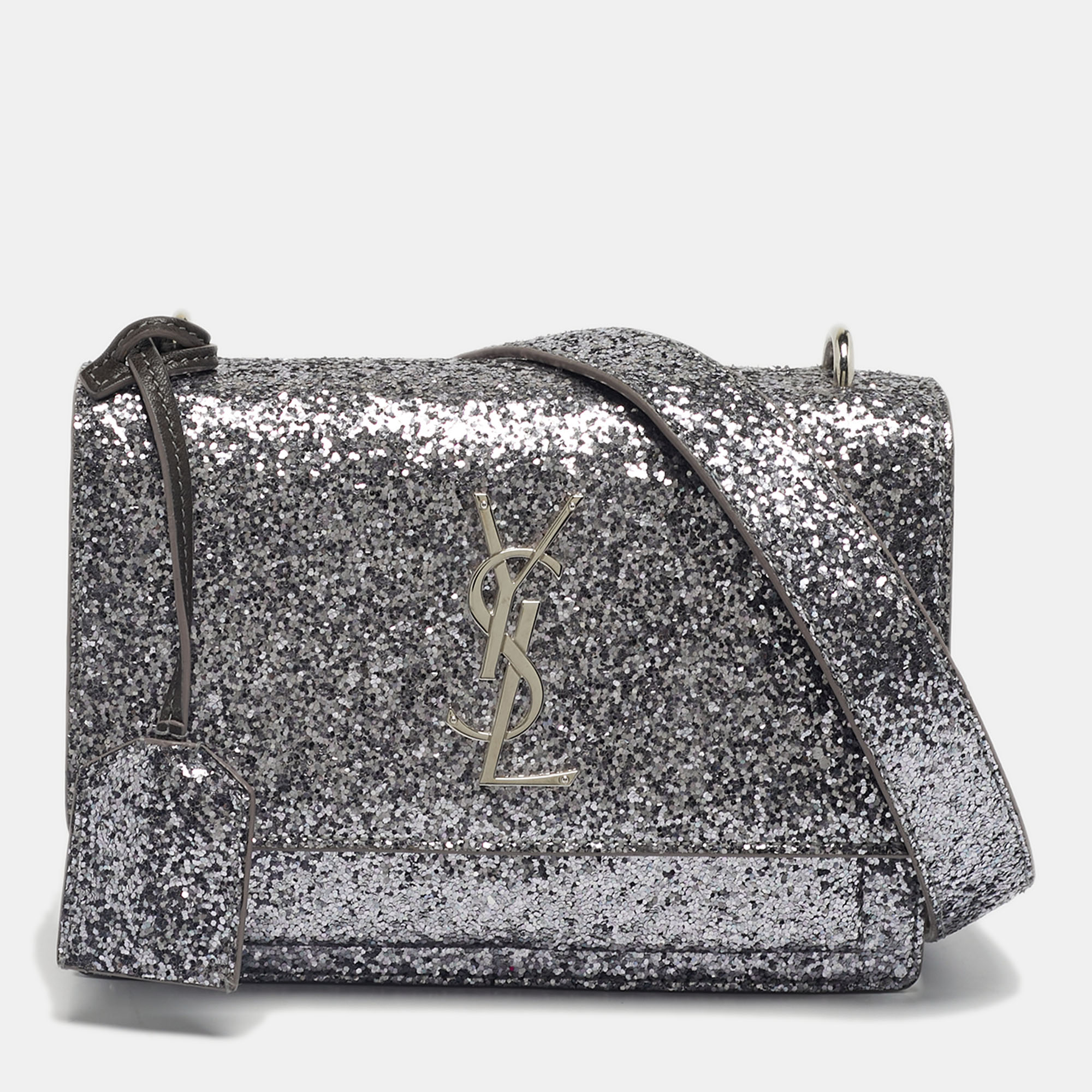 

Saint Laurent Silver Glitter Leather Small Sunset Chain Shoulder Bag
