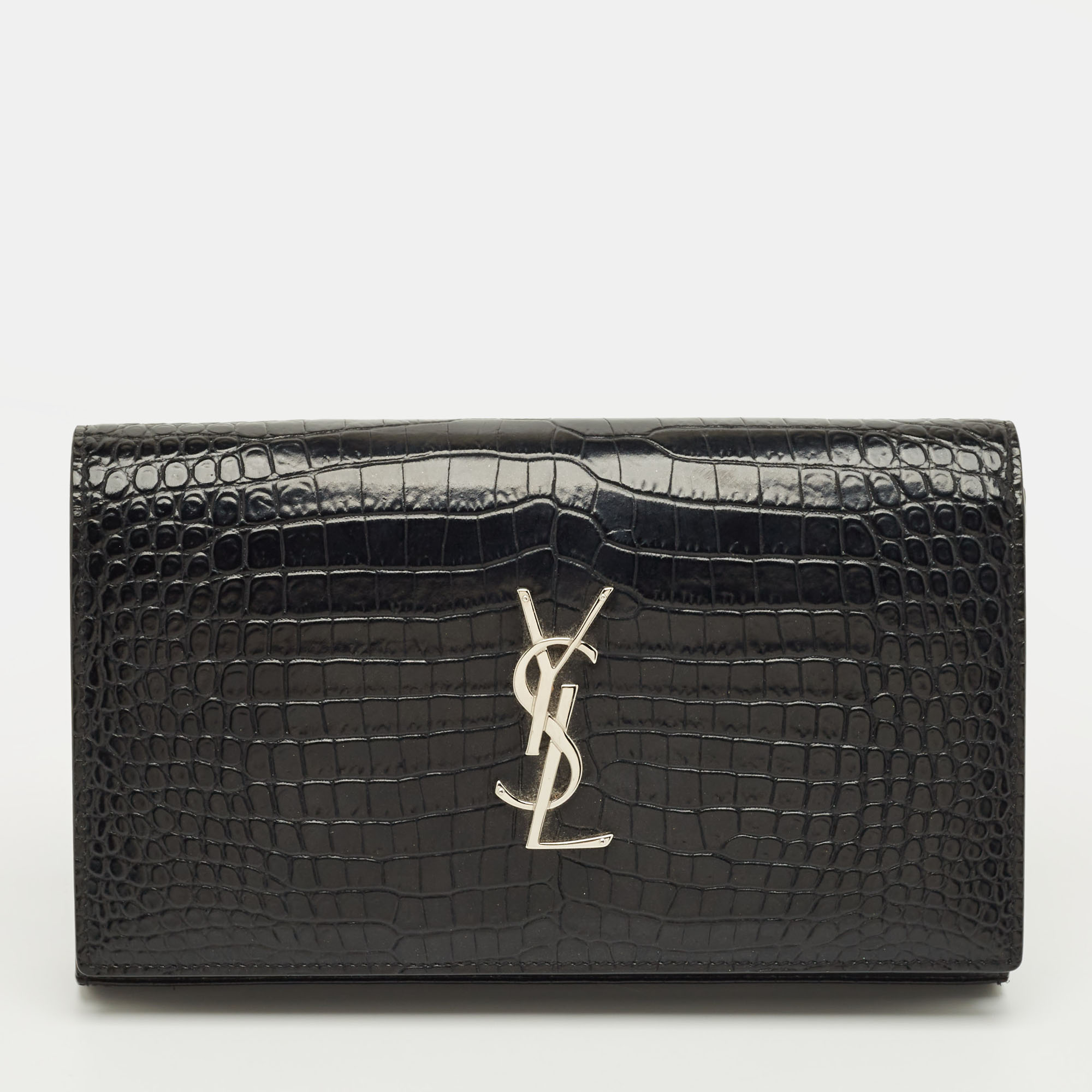 Pre-owned Saint Laurent Black Croc Embossed Leather Kate Clutch