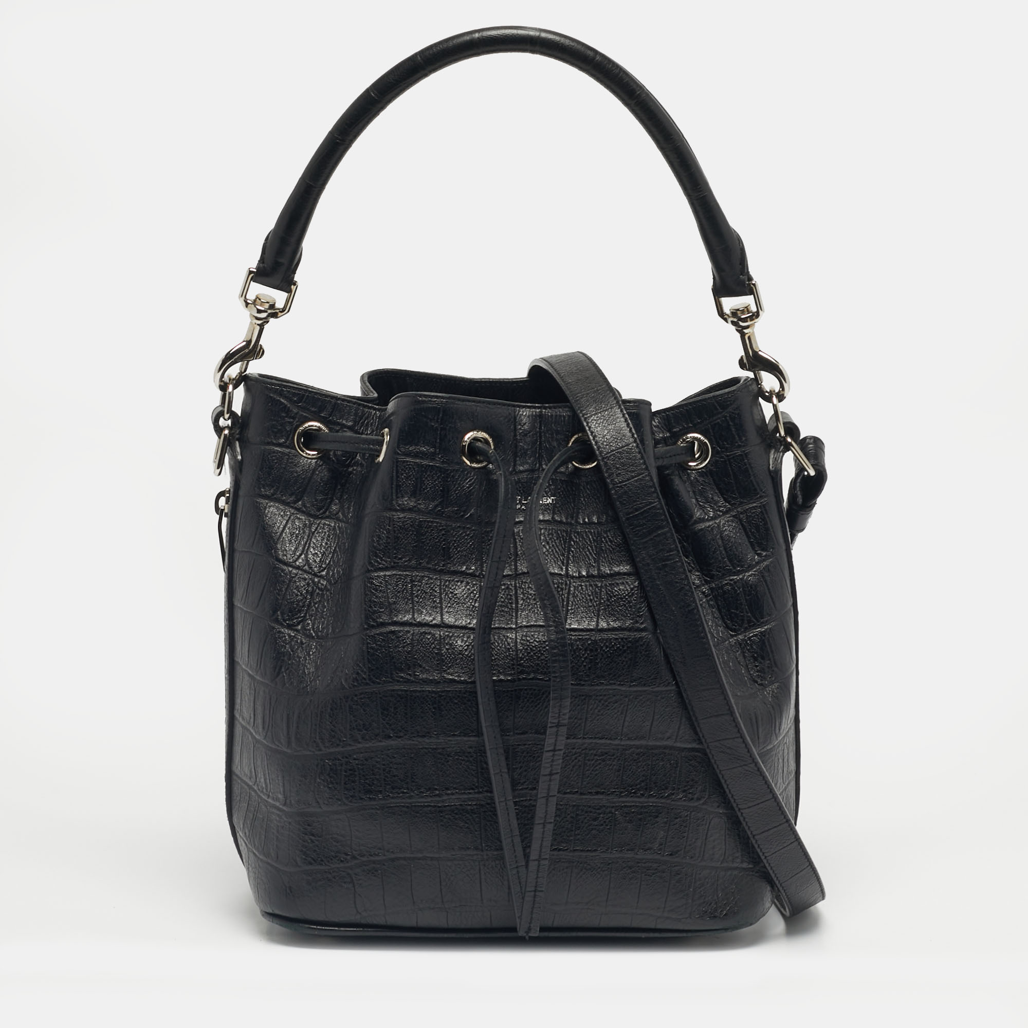 

Saint Laurent Black Croc Embossed Leather Emmanuelle Bucket Bag