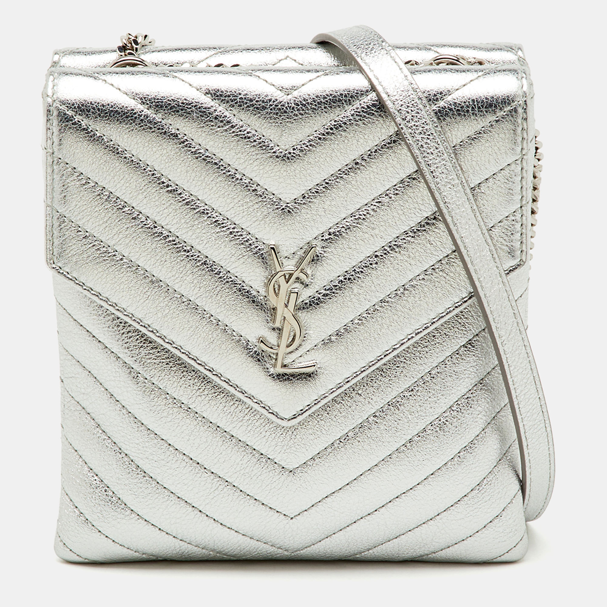 

Saint Laurent Silver Leather Matelasse Double Flap Crossbody Bag