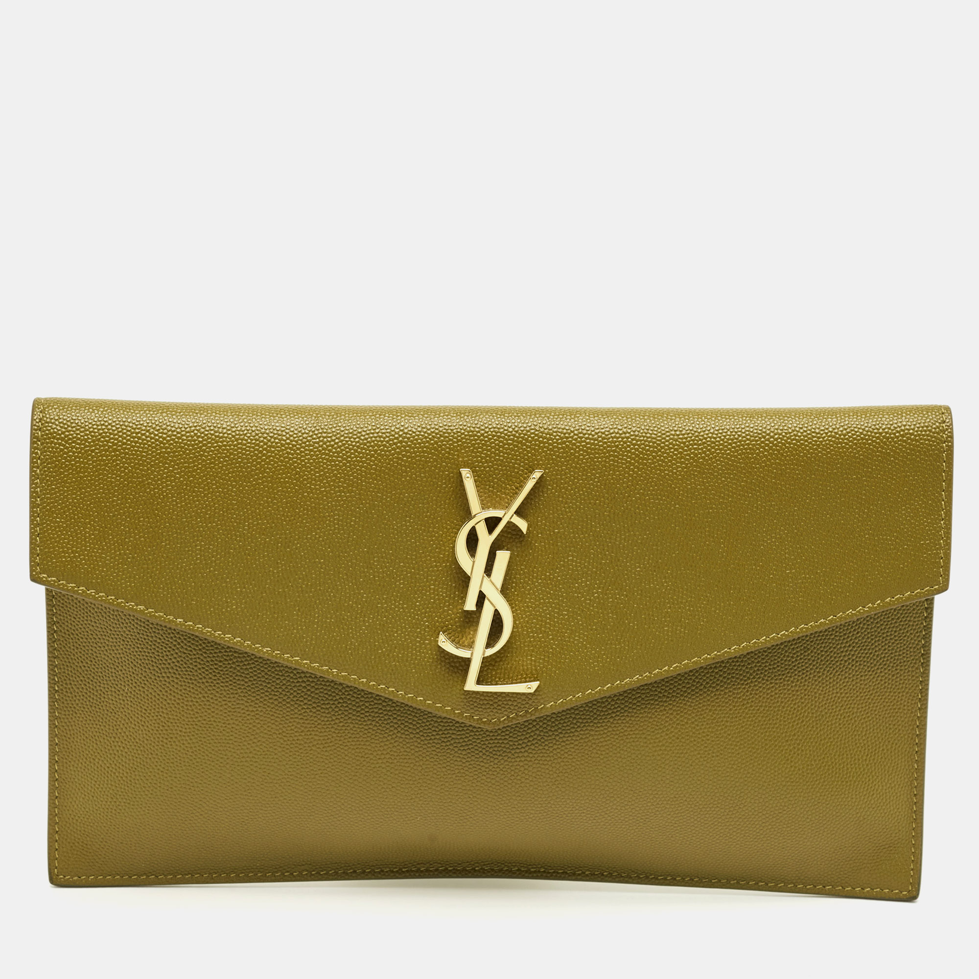 Pre-owned Saint Laurent Olive Green Leather Uptown Clutch