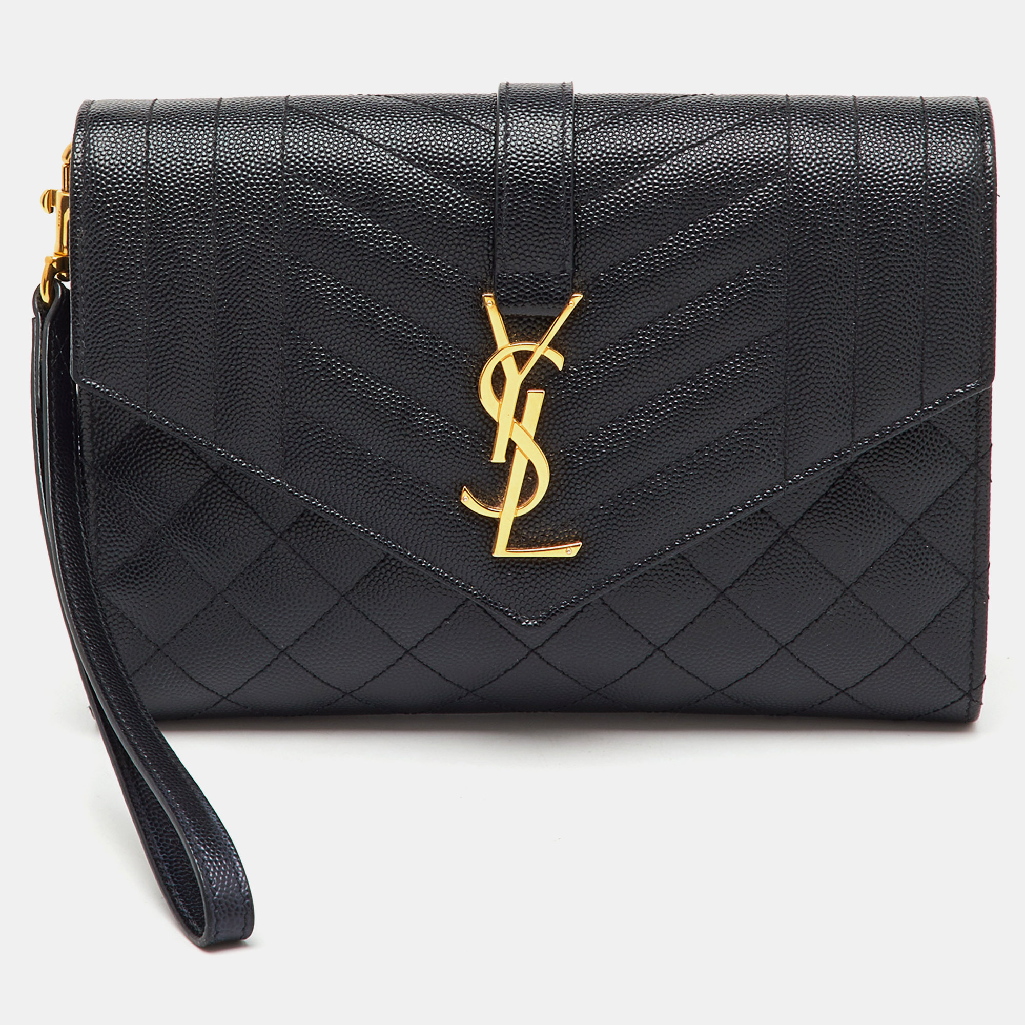 Pre-owned Saint Laurent Black Leather Monogram Envelope Pouch Clutch