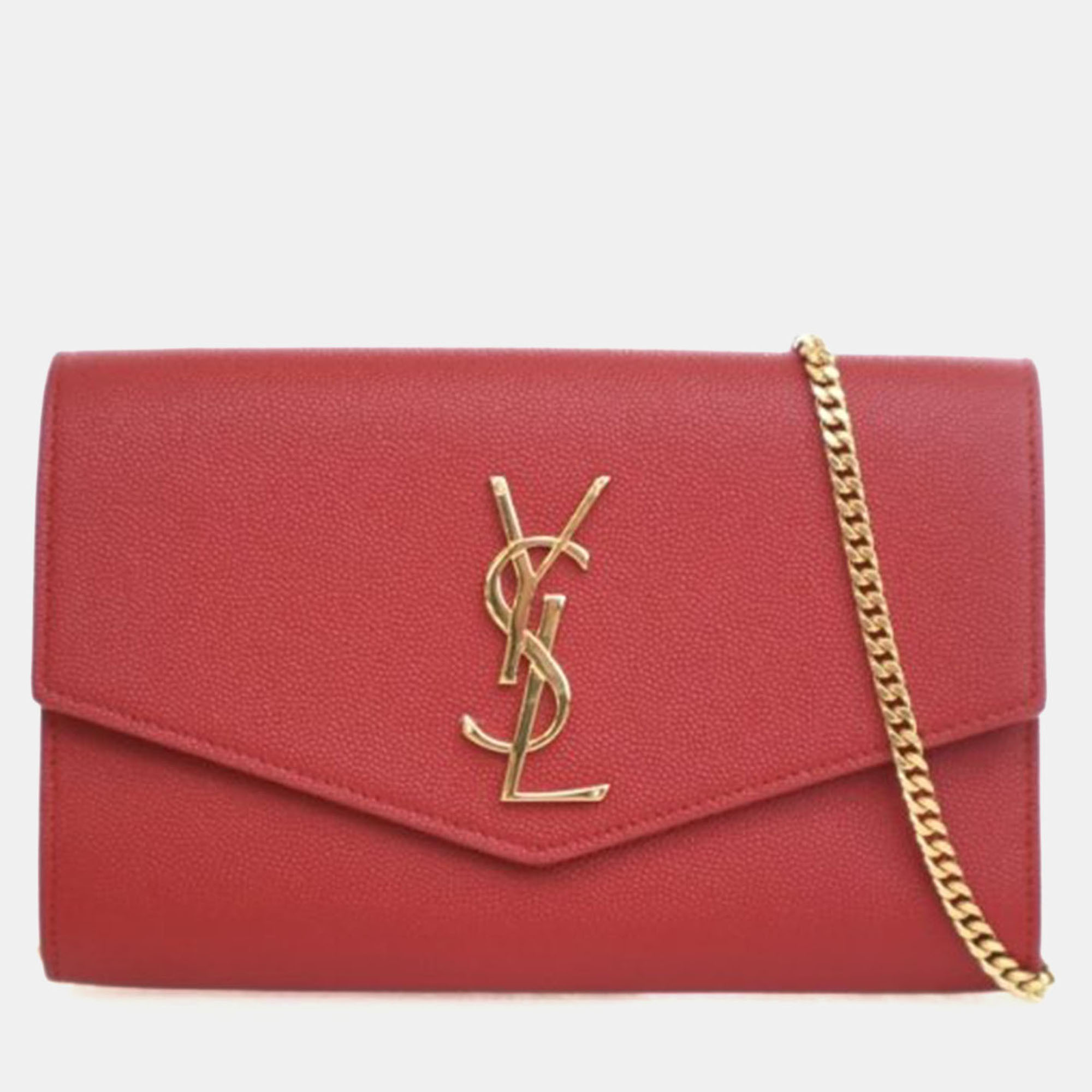 Pre-owned Saint Laurent Calfskin Uptown Chain Wallet In Red
