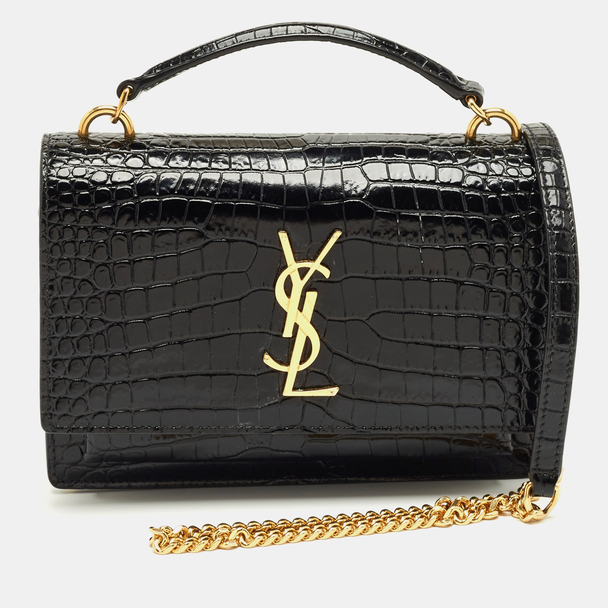Pre-owned Saint Laurent Black Croc Embossed Leather Sunset Wallet On Chain