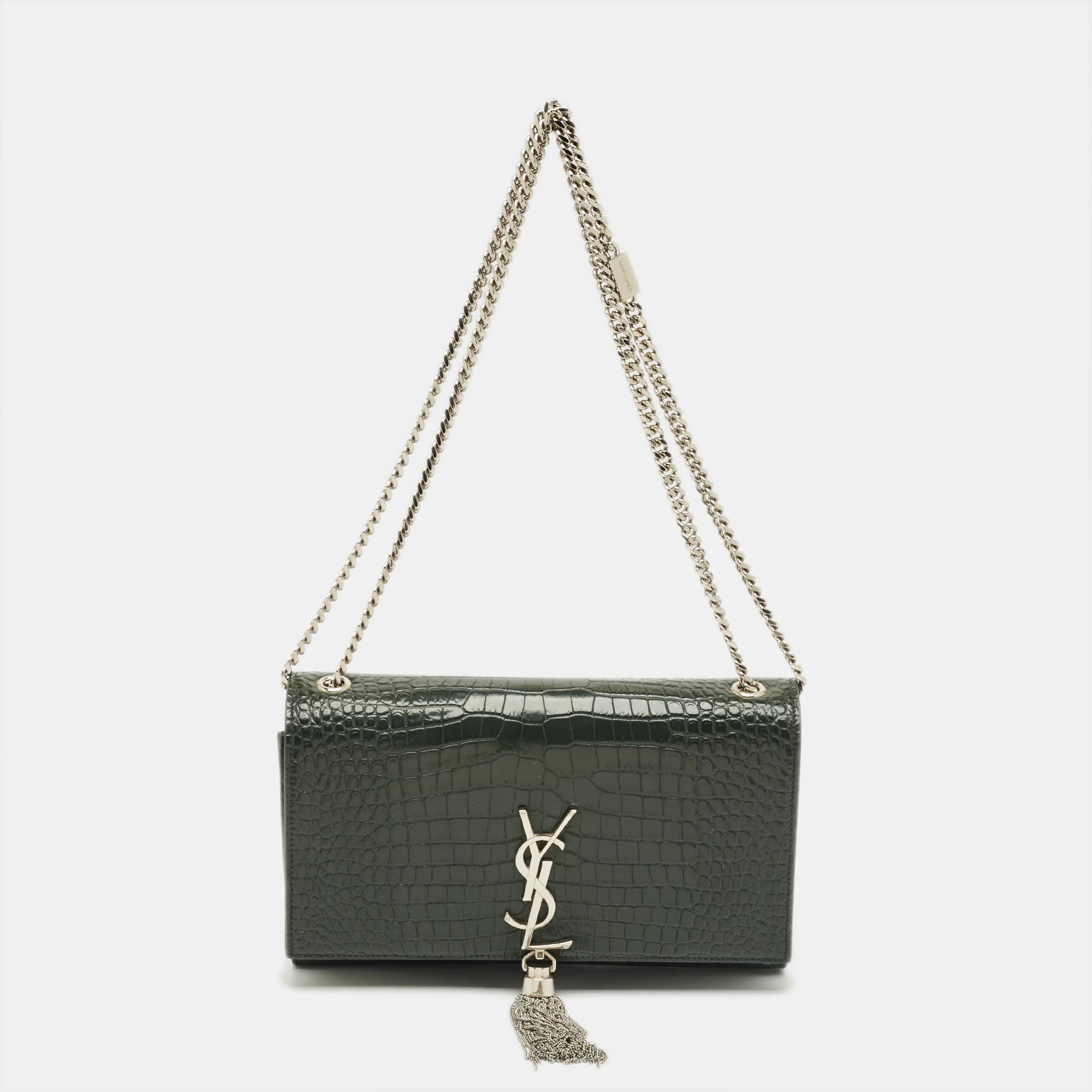 

Saint Laurent Green Croc Leather  Kate Tassel Chain Shoulder Bag