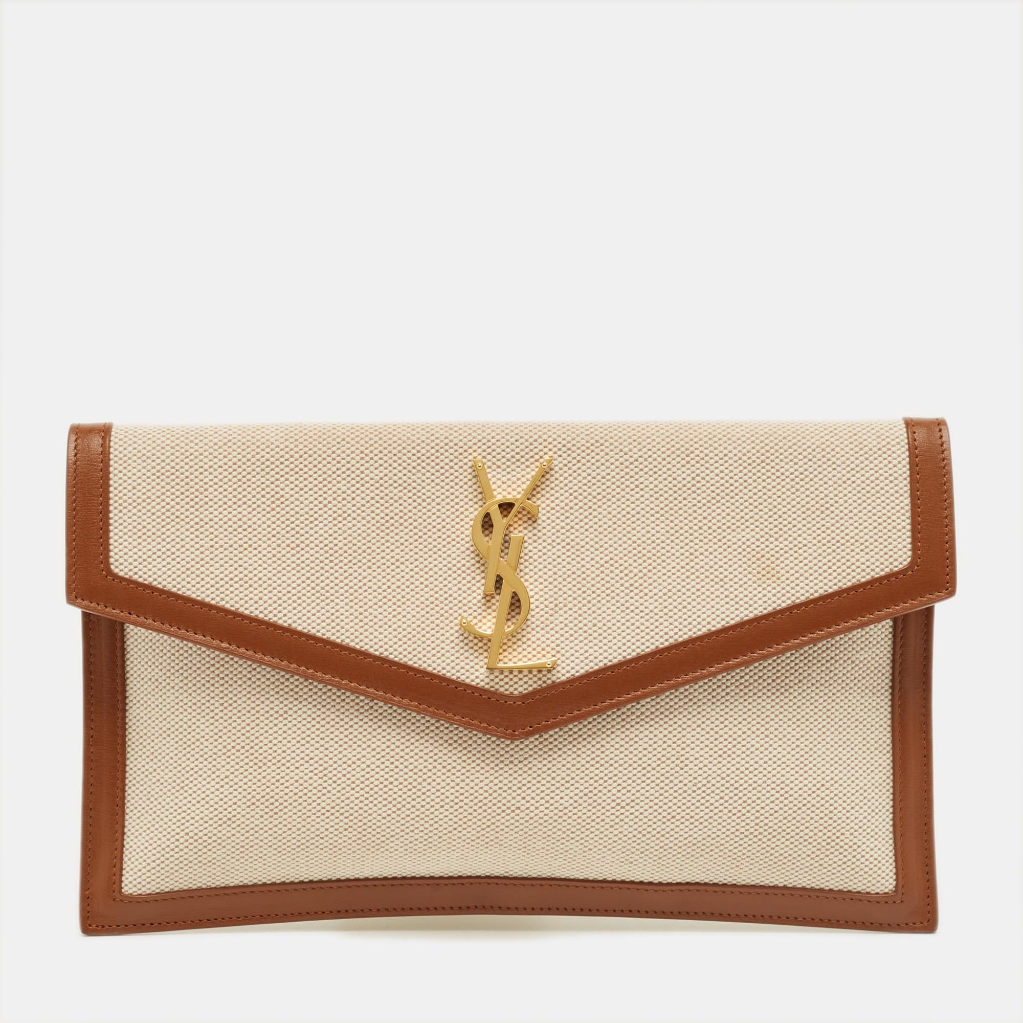 Pre-owned Saint Laurent Brown/beige Canvas Ad Leather Uptown Pouch