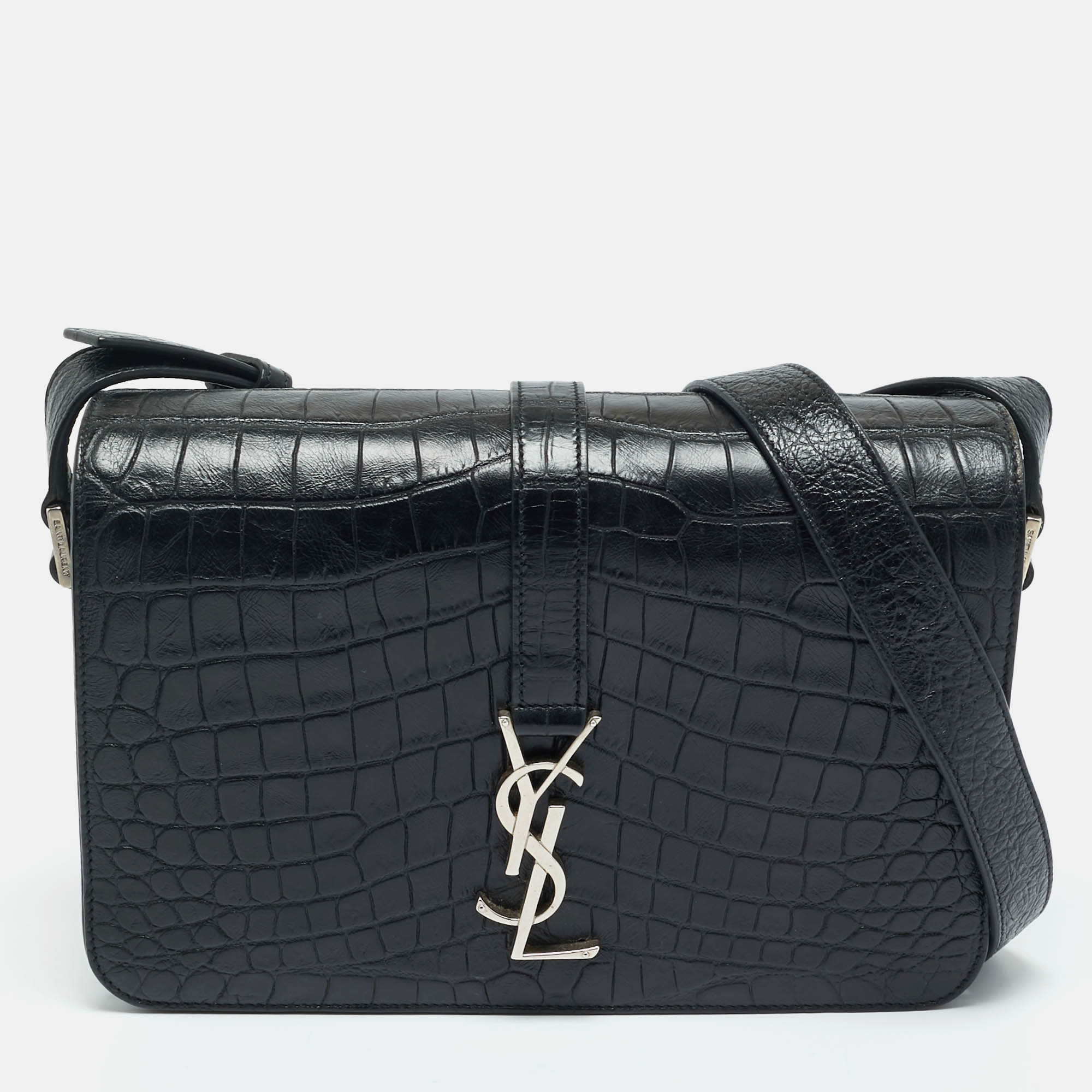 

Saint Laurent Black Croc Embossed Leather Medium Universite Shoulder Bag