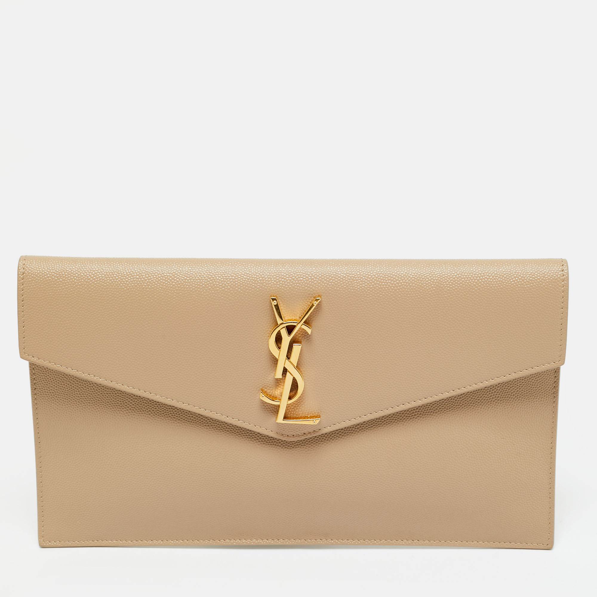 Pre-owned Saint Laurent Beige Leather Uptown Clutch In Sand