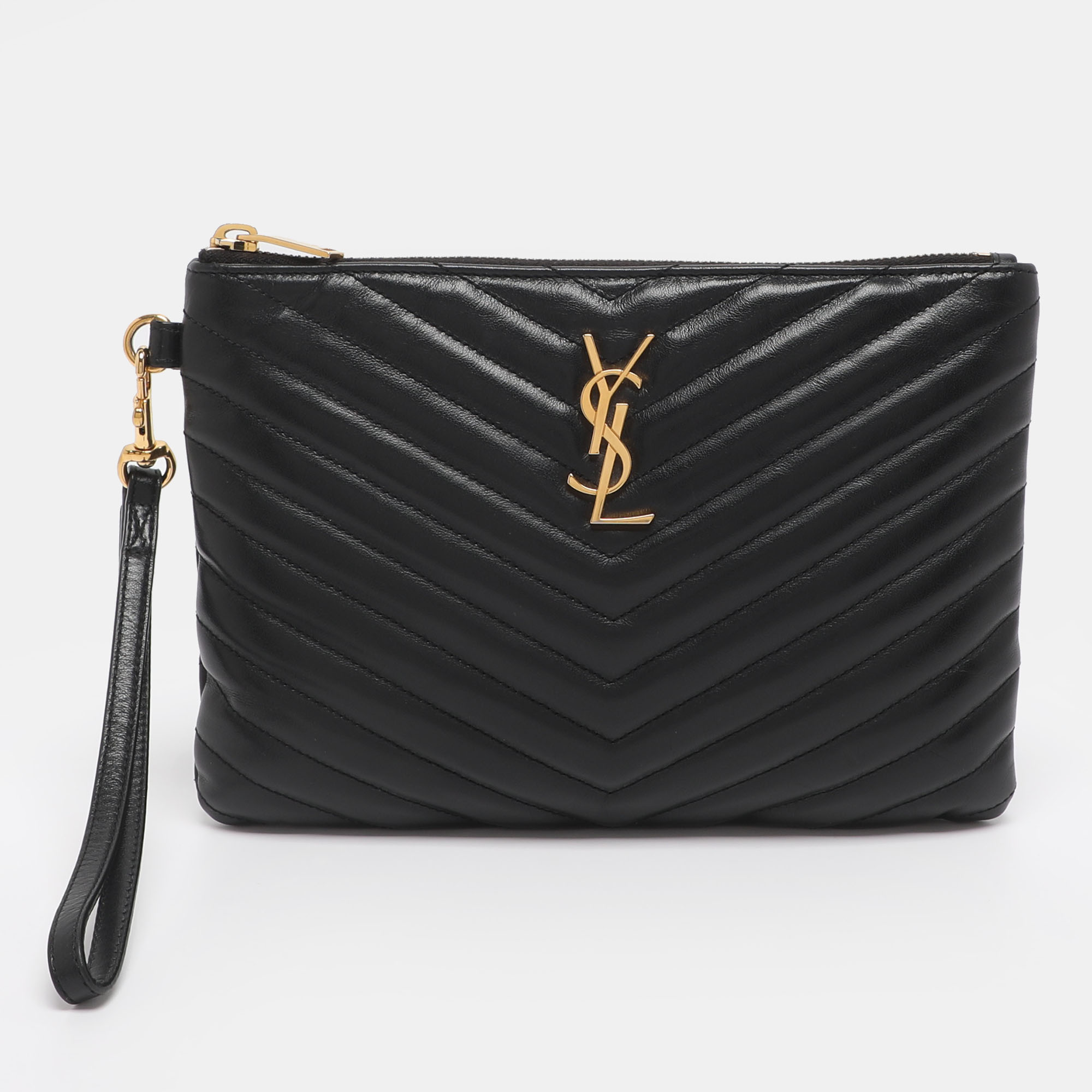 Pre-owned Saint Laurent Black Matelassé Leather Monogram Wristlet Pouch