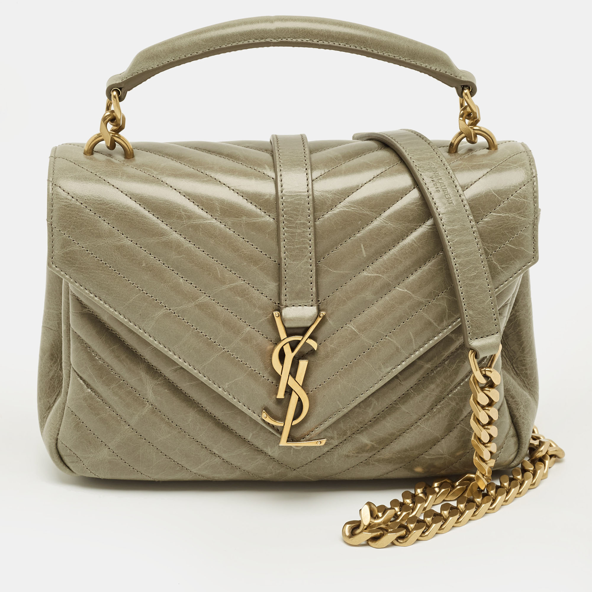 

Saint Laurent Pale Green Matelassé Leather Medium College Top Handle Bag
