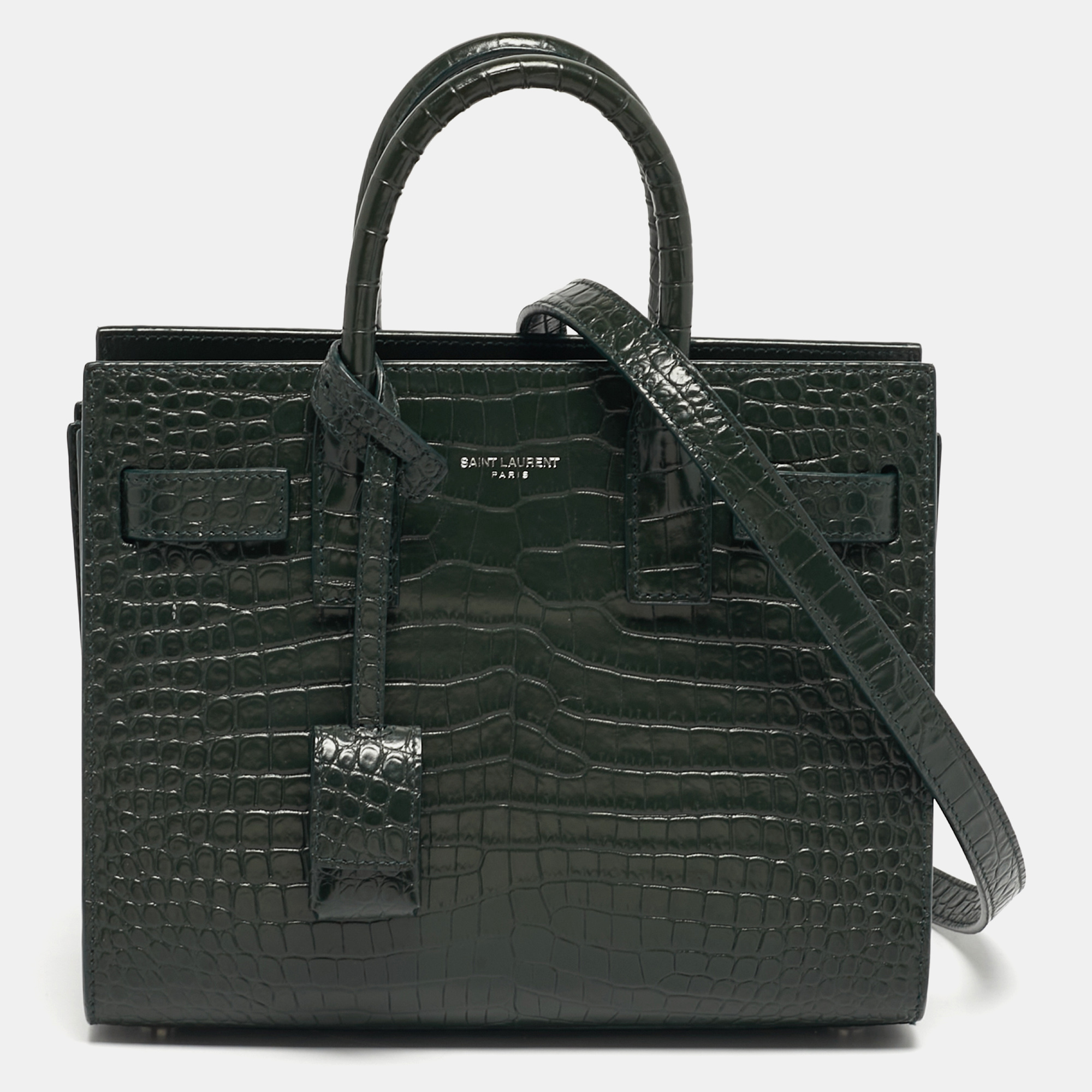 

Saint Laurent Classic Sac De Jour Nano Dark Green Croc Embossed Leather Tote