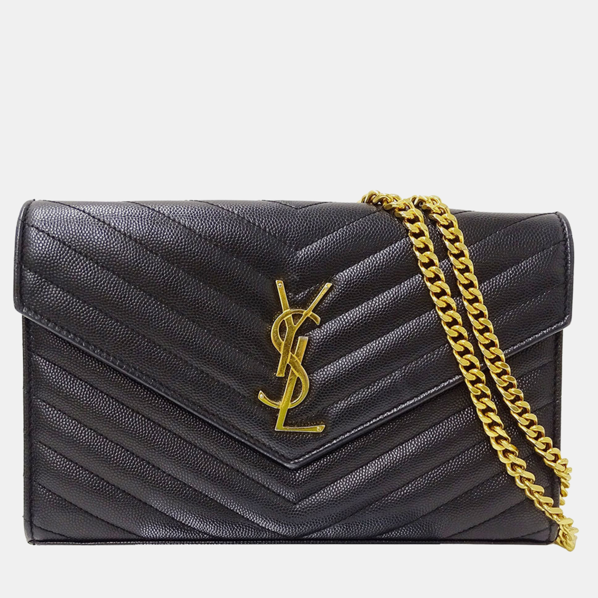Pre-owned Saint Laurent Shoulder Wallet Grain De Poudre Leather Cassandra Classic Chain Black