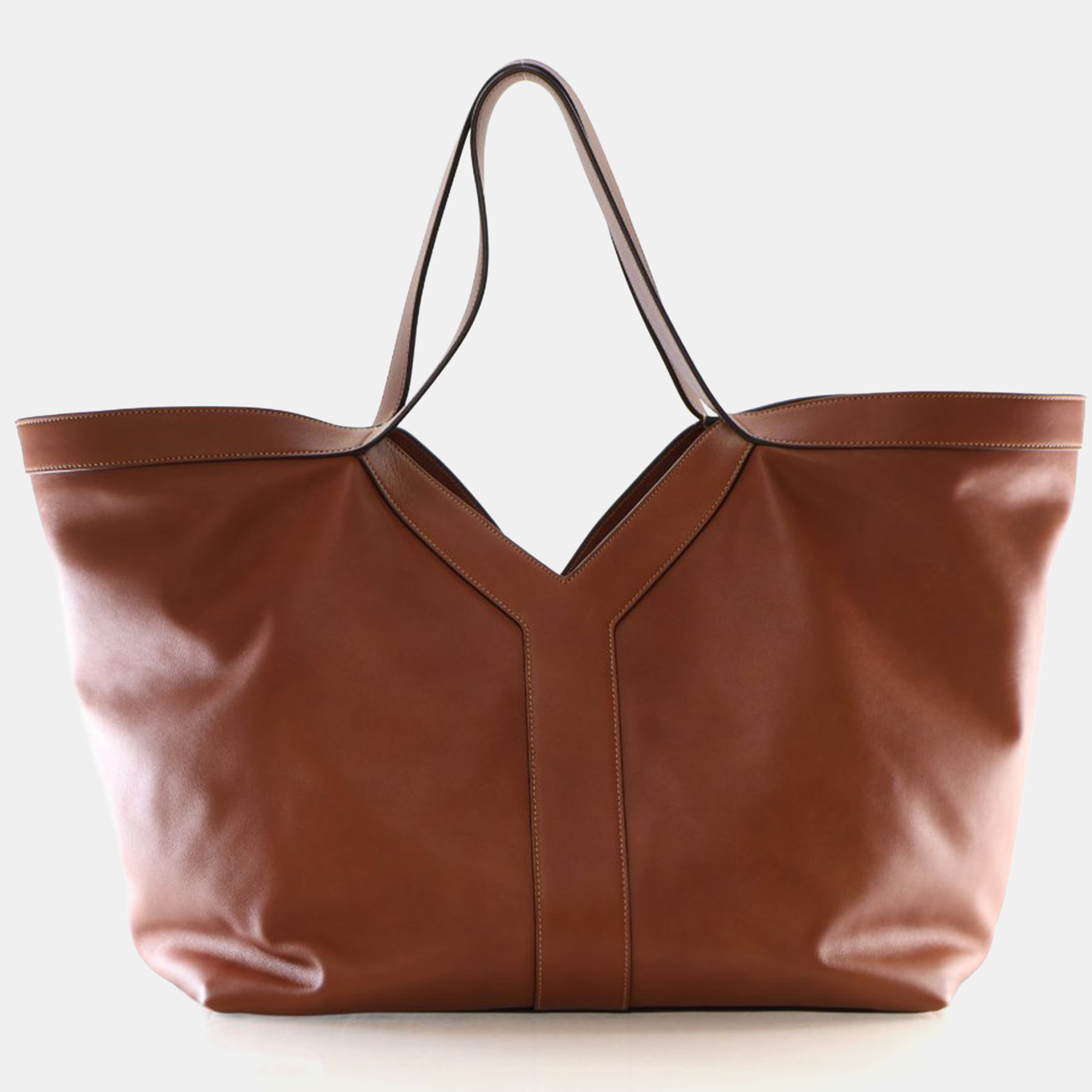 Pre-owned Saint Laurent Calfskin Y Tote In Brown