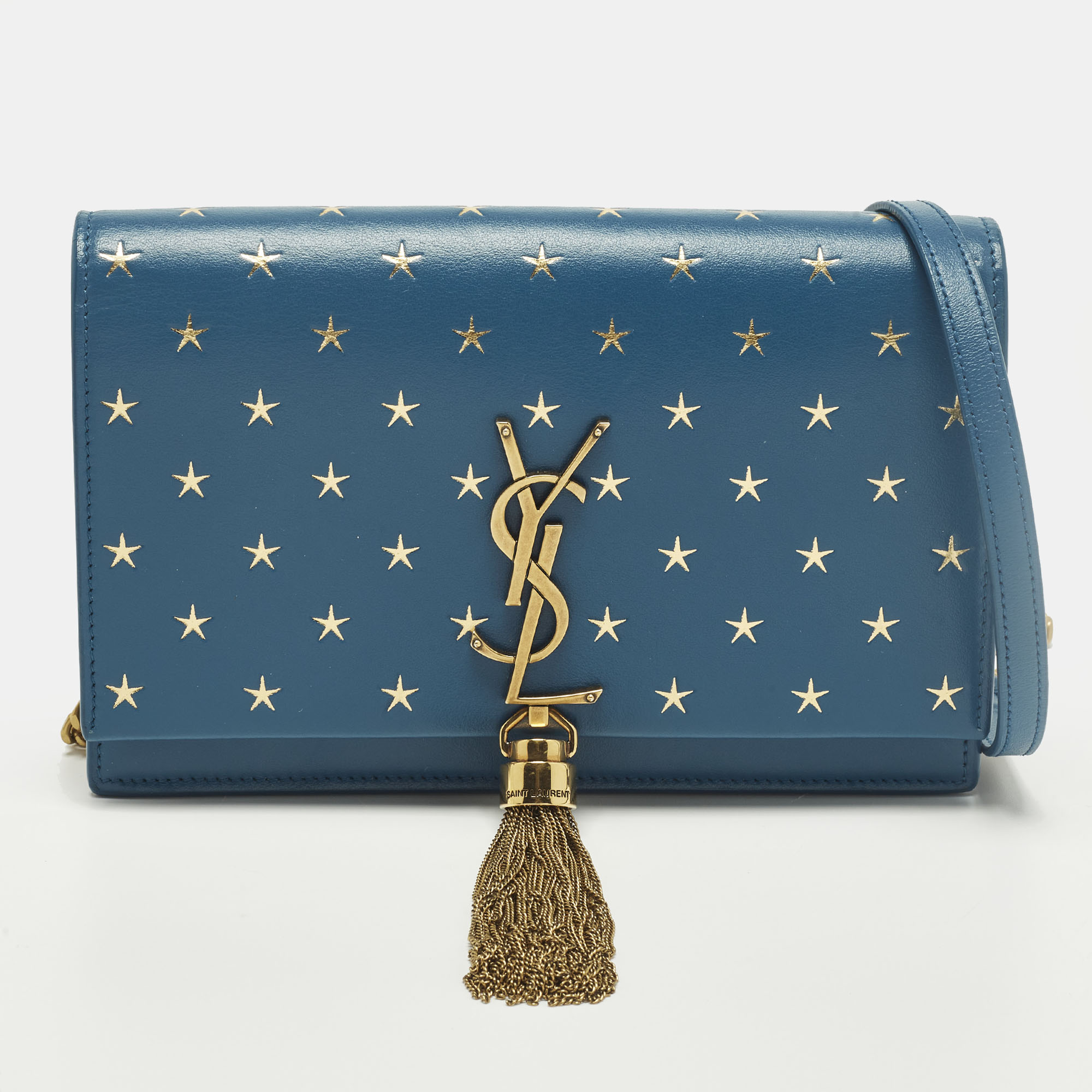 Pre-owned Saint Laurent Kate Tassel Blue/gold Star Print Leather Wallet On Chain