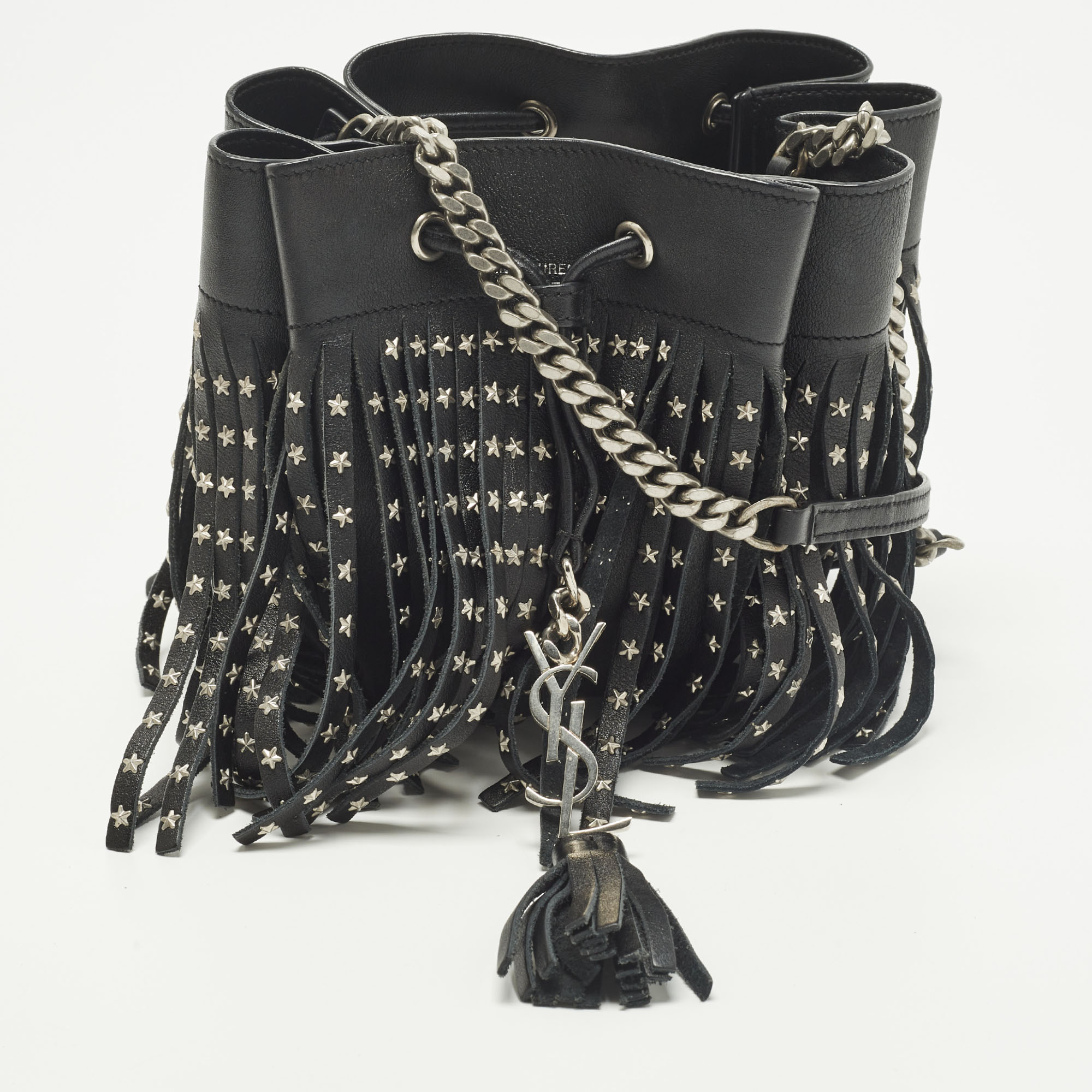 

Saint Laurent Emmanuelle Studded Fringe Black Leather Bucket Bag